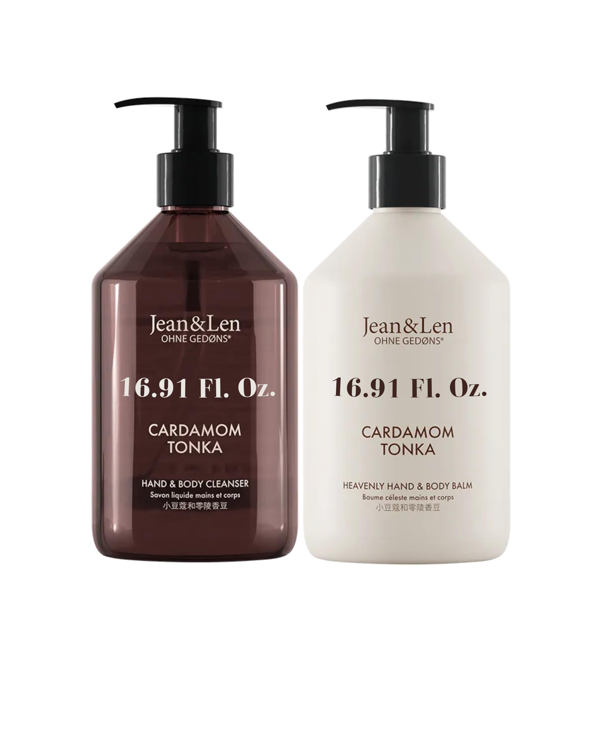 Jean & Len Cardamom & Tonka Hand & Body Cleanser and Balm Set - Exotic Warm Scent for Clean, Nourished Skin | Gift Set for Spa, Travel & Self-Care