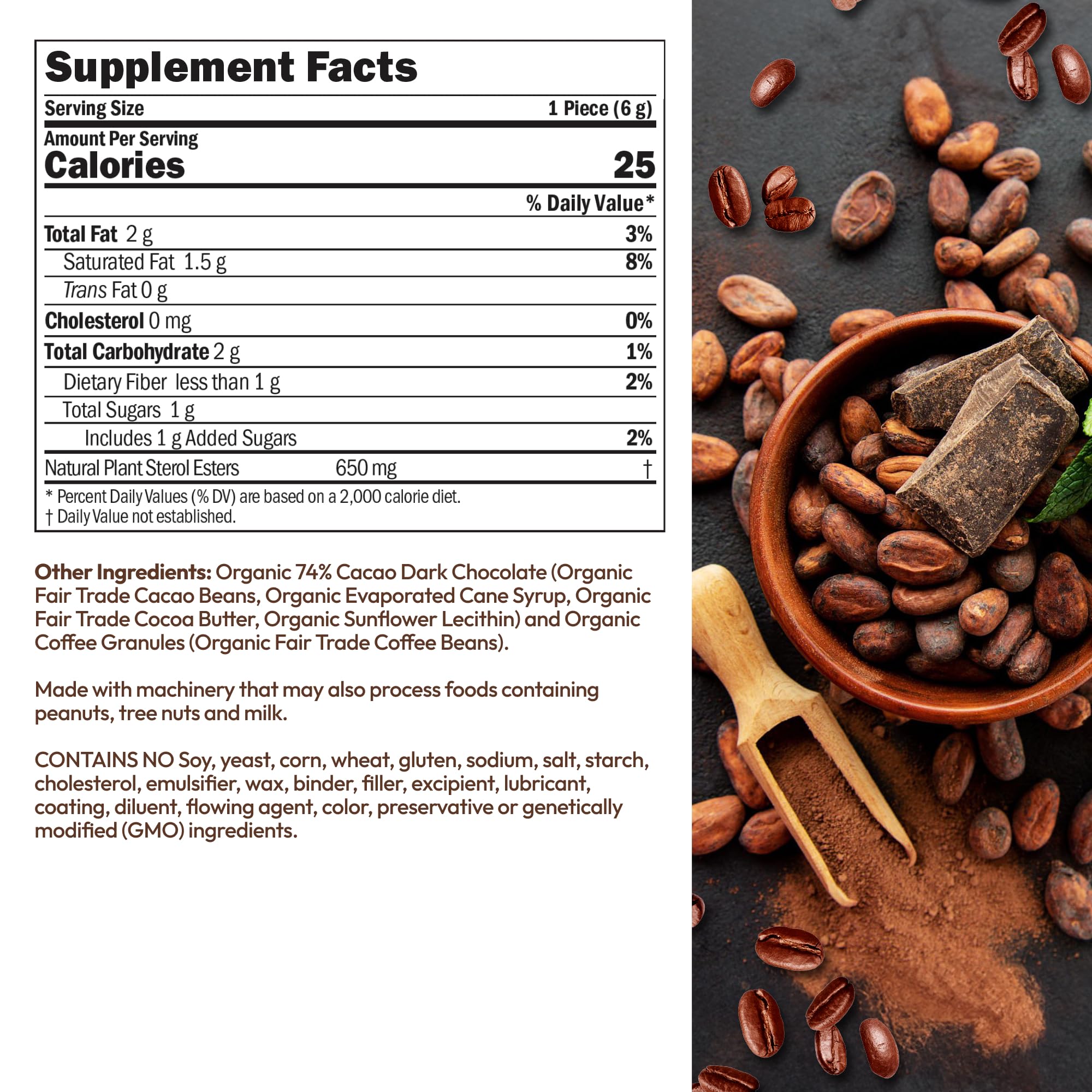 Organic Fair Trade Coffee-Flavored Dark Chocolate 74% Cacao - ANDREW LESSMAN ChocoNuvo Café 180 Pieces with Plant Sterols for Healthy Cholesterol Balance, 25 Calorie Low Fat Squares - Perfect for Gifts, Office Snacks & Healthy Desserts