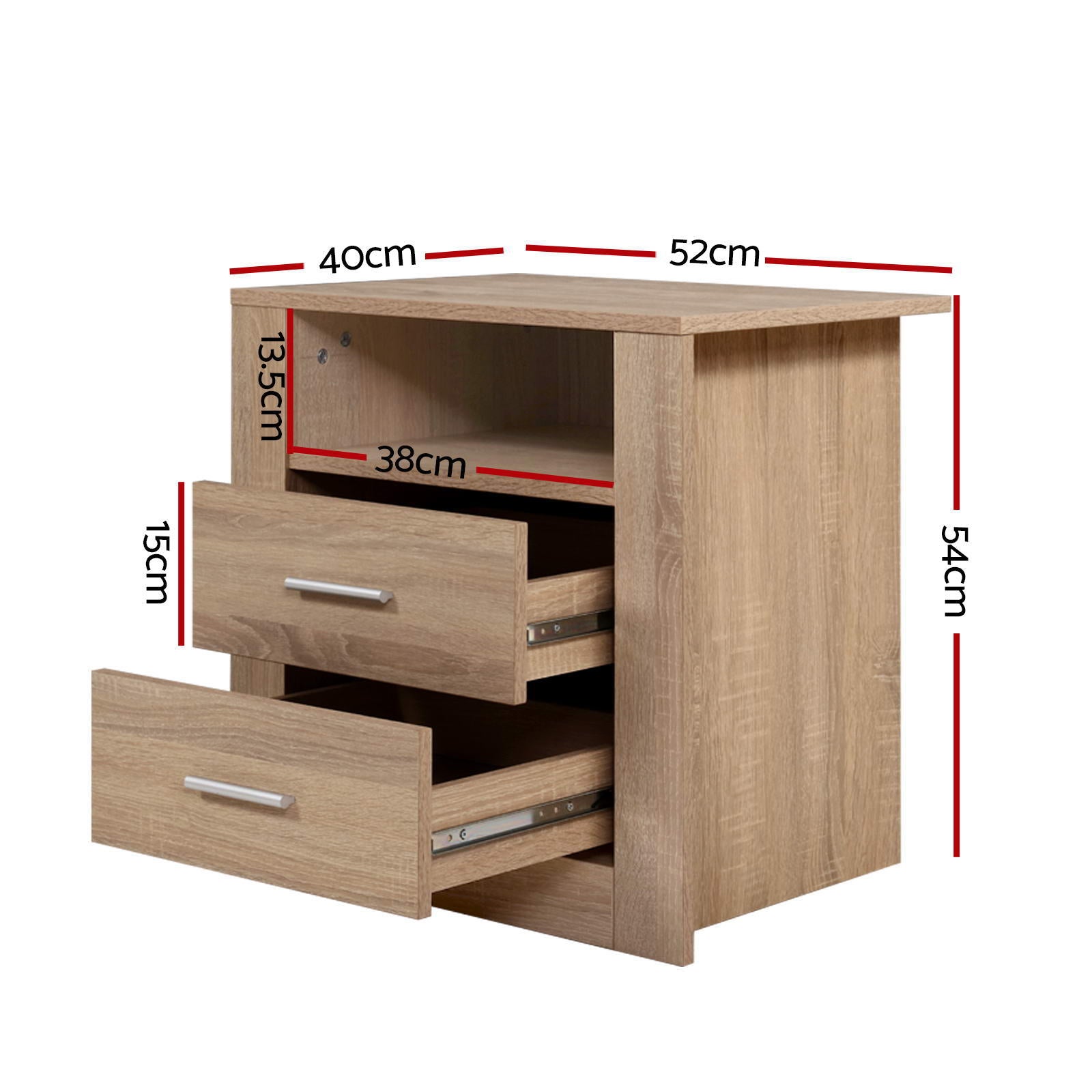 2X Modern Nightstand with 2 Drawers and Open Shelf - TARA Oak Finish Bedside Table for Bedroom, Living Room & Office Storage