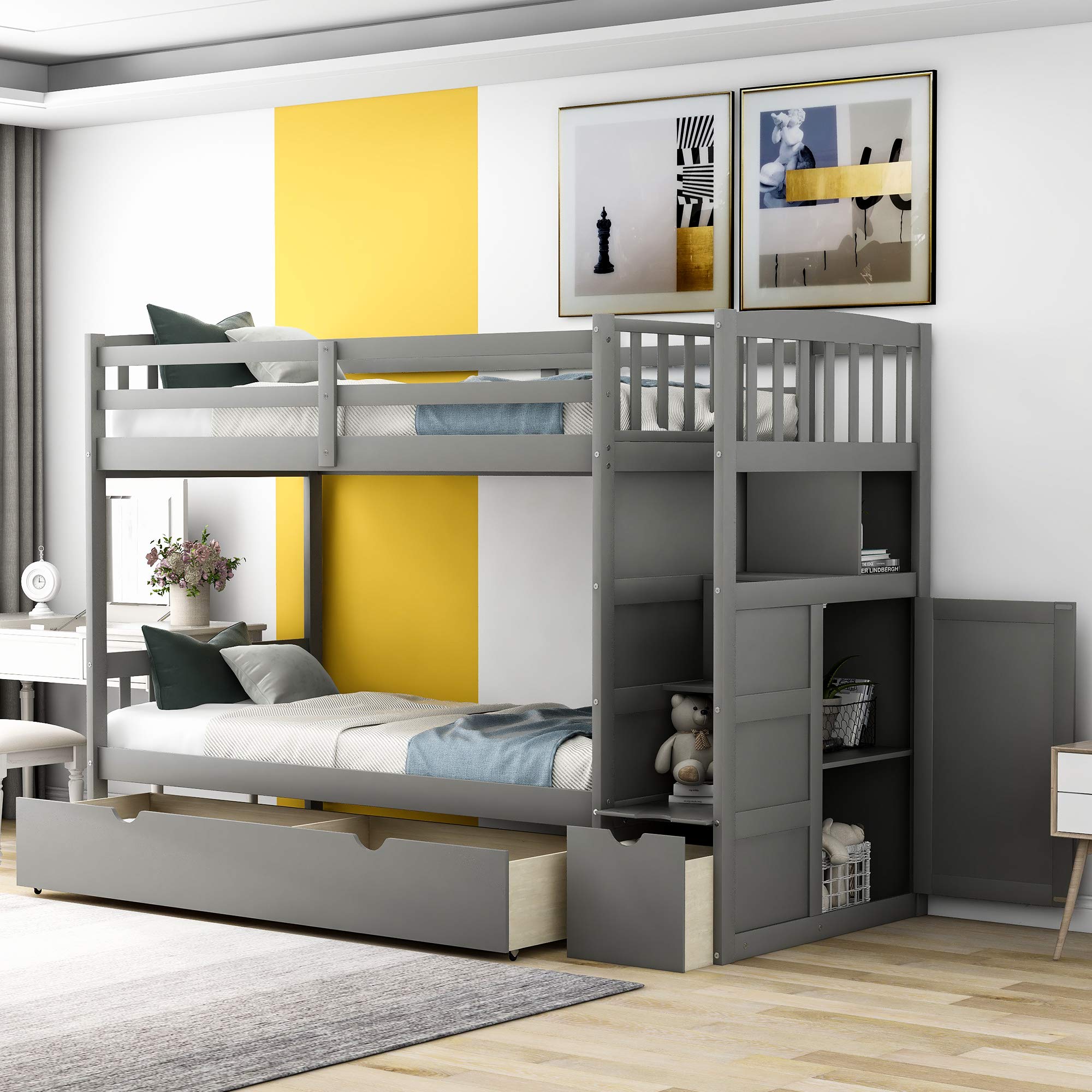Harper & Bright Designs Twin Over Full Solid Wood Bunk Beds for Kids with Storage Drawers & Safety Guardrail - No Box Spring Needed (Grey) | Space-Saving Kids Bedroom Furniture for Siblings or Sleepovers