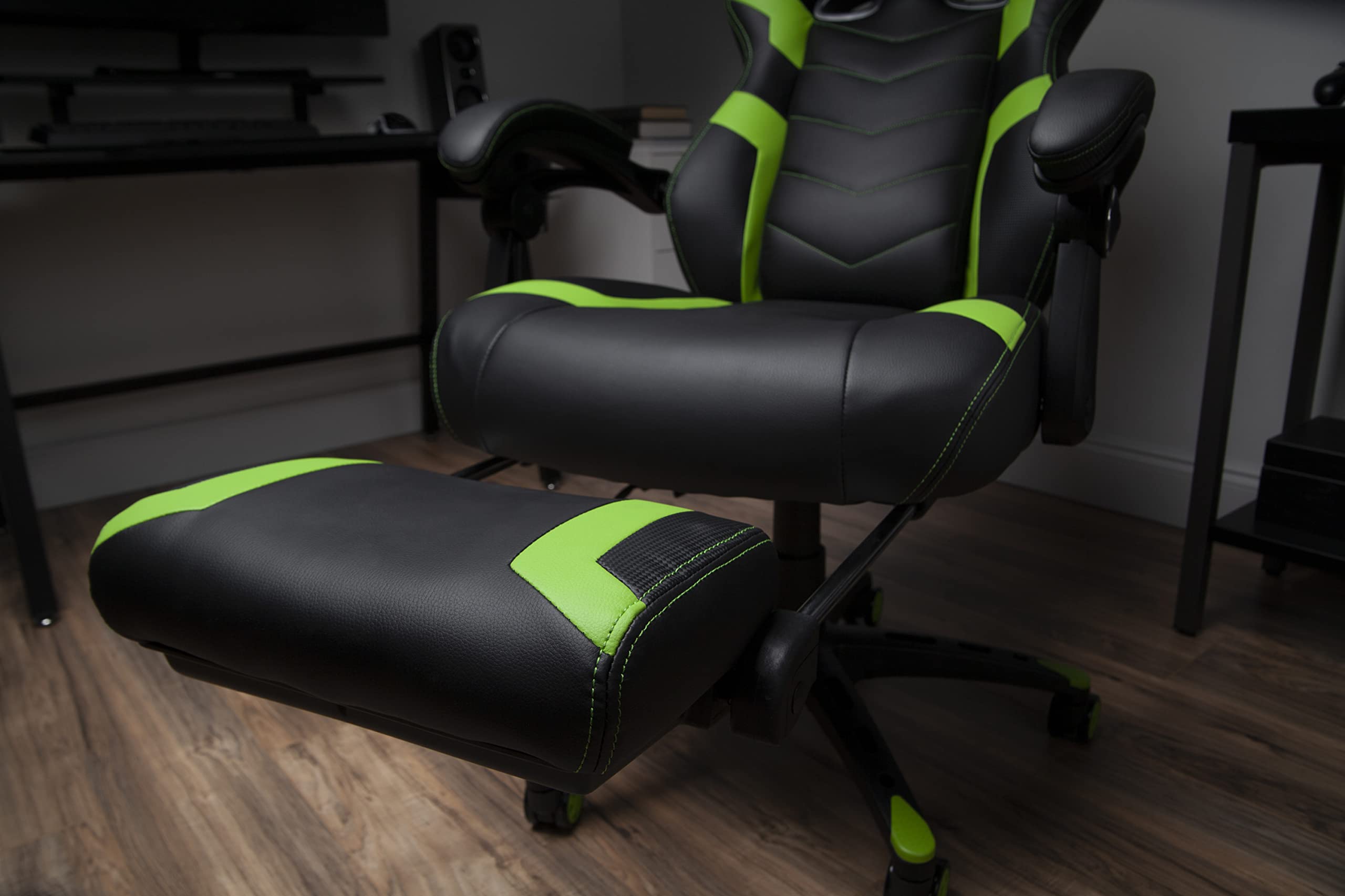 RESPAWN 110 Ergonomic Gaming Chair with Footrest Recliner - Racing Style High Back Office Chair for PC & Desk - 360° Swivel, Adjustable Lumbar Support & Headrest - Padded Armrests - Green (2021 Model) - Perfect for Gaming, Streaming & Home Office Workspace