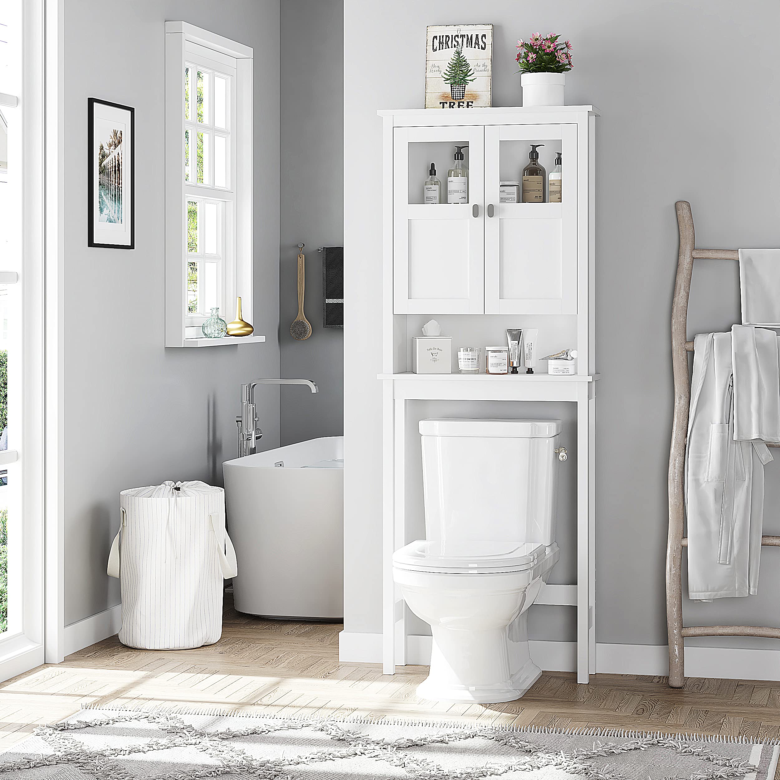 White Over The Toilet Storage Cabinet with Glass Doors & Adjustable Shelves - Bathroom Space Saving Organizer for Towels, Toiletries & Cosmetics