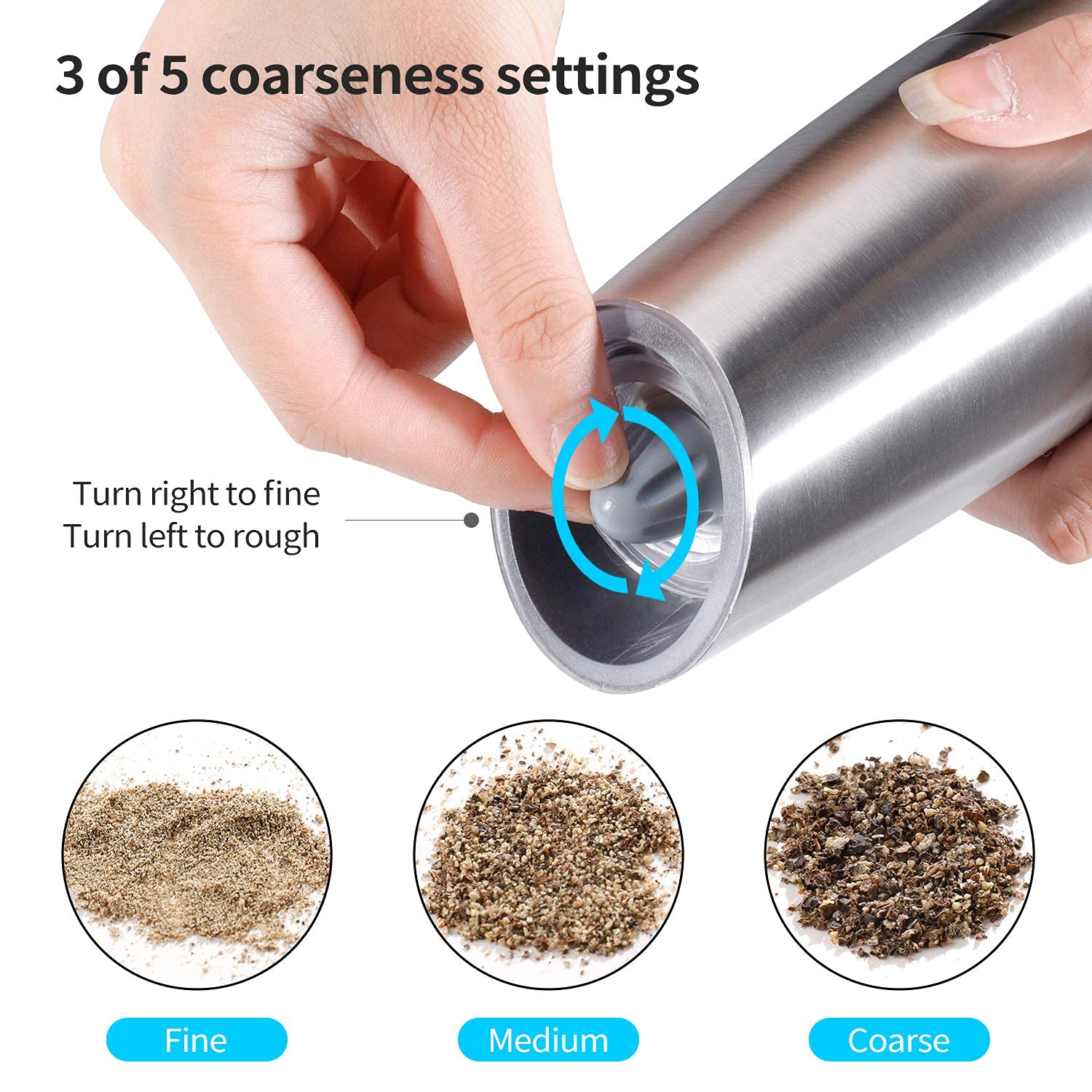 Premium Electric Salt and Pepper Grinder Set - 2 Pack Automatic Battery-Powered Mills with Adjustable Coarseness, One-Hand Operation & Blue LED Light - Stainless Steel Kitchen Gadget for Cooking, Dining & Gifting (Silver)