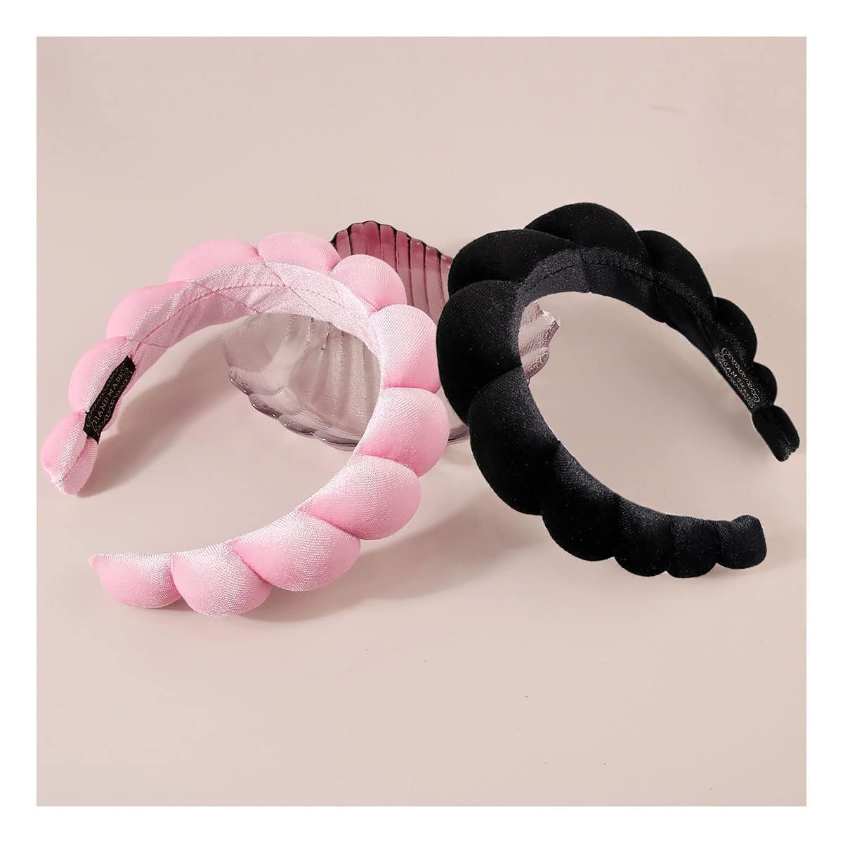 2 Pack Soft Puffy Makeup Headbands for Women & Girls - Non-Slip Spa Hair Bands for Face Washing, Skincare, Yoga & Relaxation (Black & Pink) - Perfect for Home Spa Days, Beauty Routines & Self-Care Sessions
