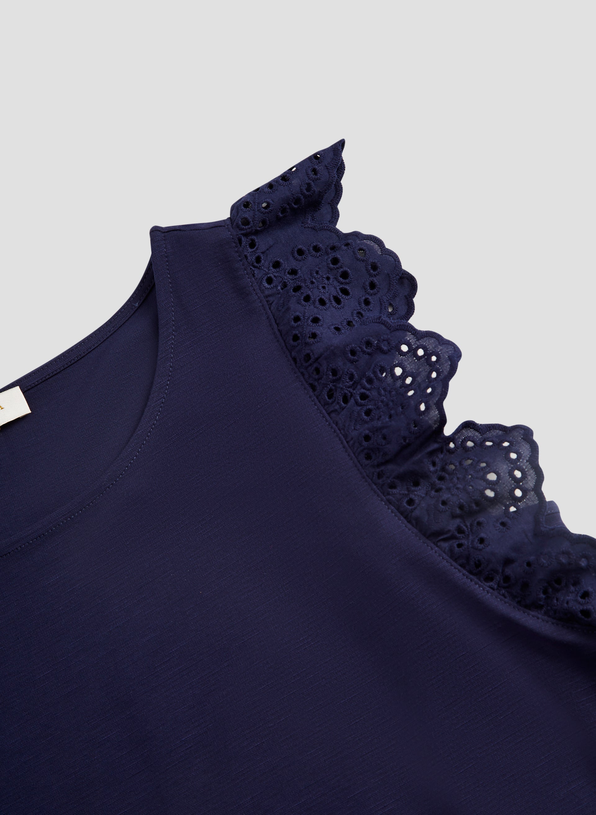 Eyelet Cap Sleeve T-Shirt for Women - Breathable Summer Top with Lace Trim - Perfect for Casual Outings, Beach Wear & Layering