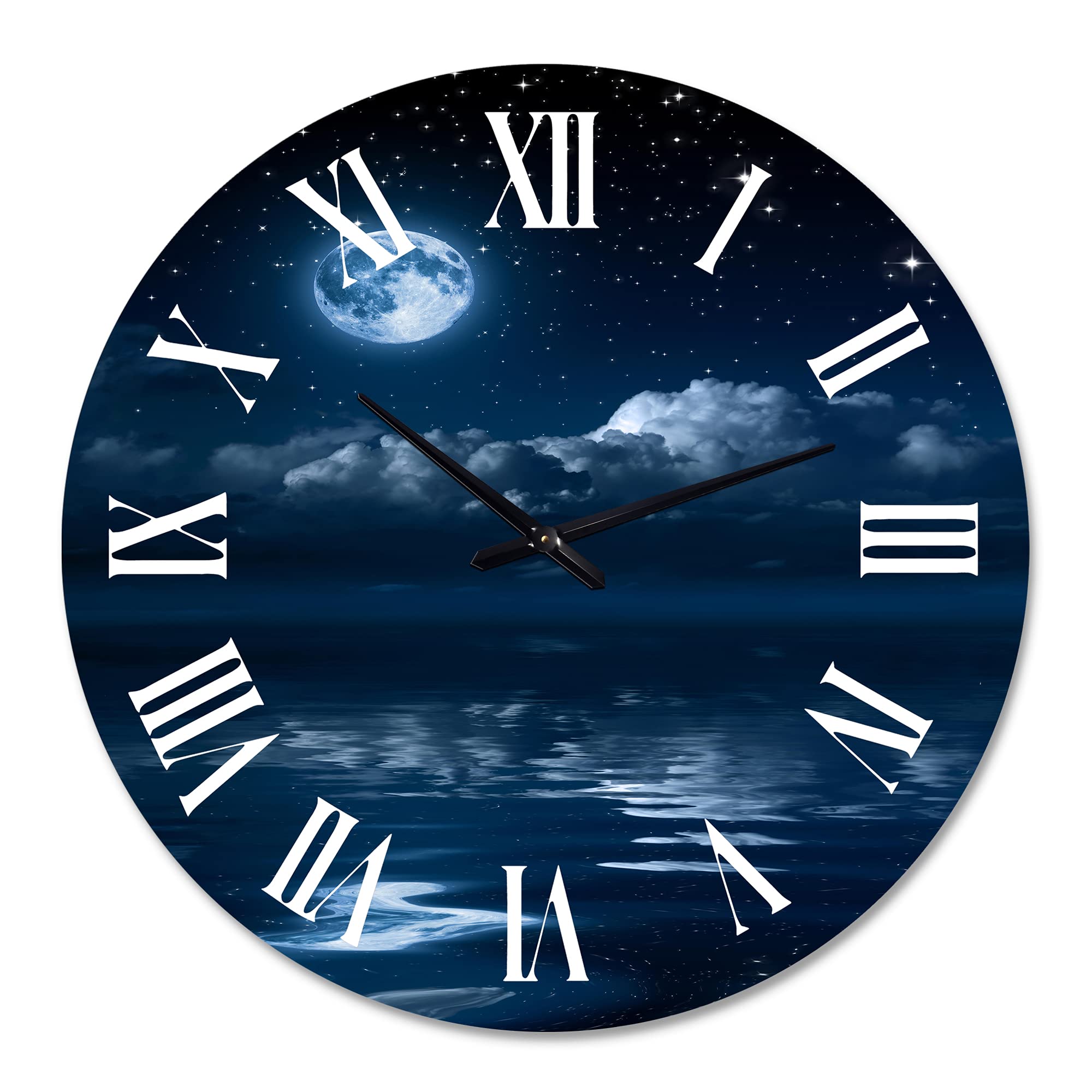 DesignQ Nautical & Coastal Wall Clock - 29 Inch Round Blue 'Full Moon in Cloudy Night Sky' Decorative Clock for Kitchen, Living Room & Office | CLOCK35053