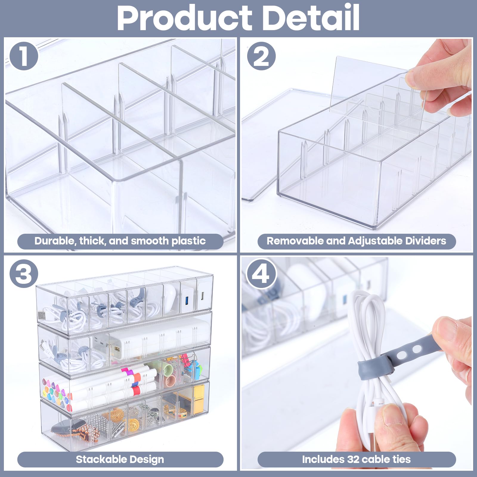 4-Piece Clear Plastic Cord Organizer Box with Lid & 32 Cable Ties - 8 Removable Dividers for Home Office Desk - Perfect for Charger, USB Cable, Headphone & Electronics Storage - Ideal for Workspace, Travel & Cable Management