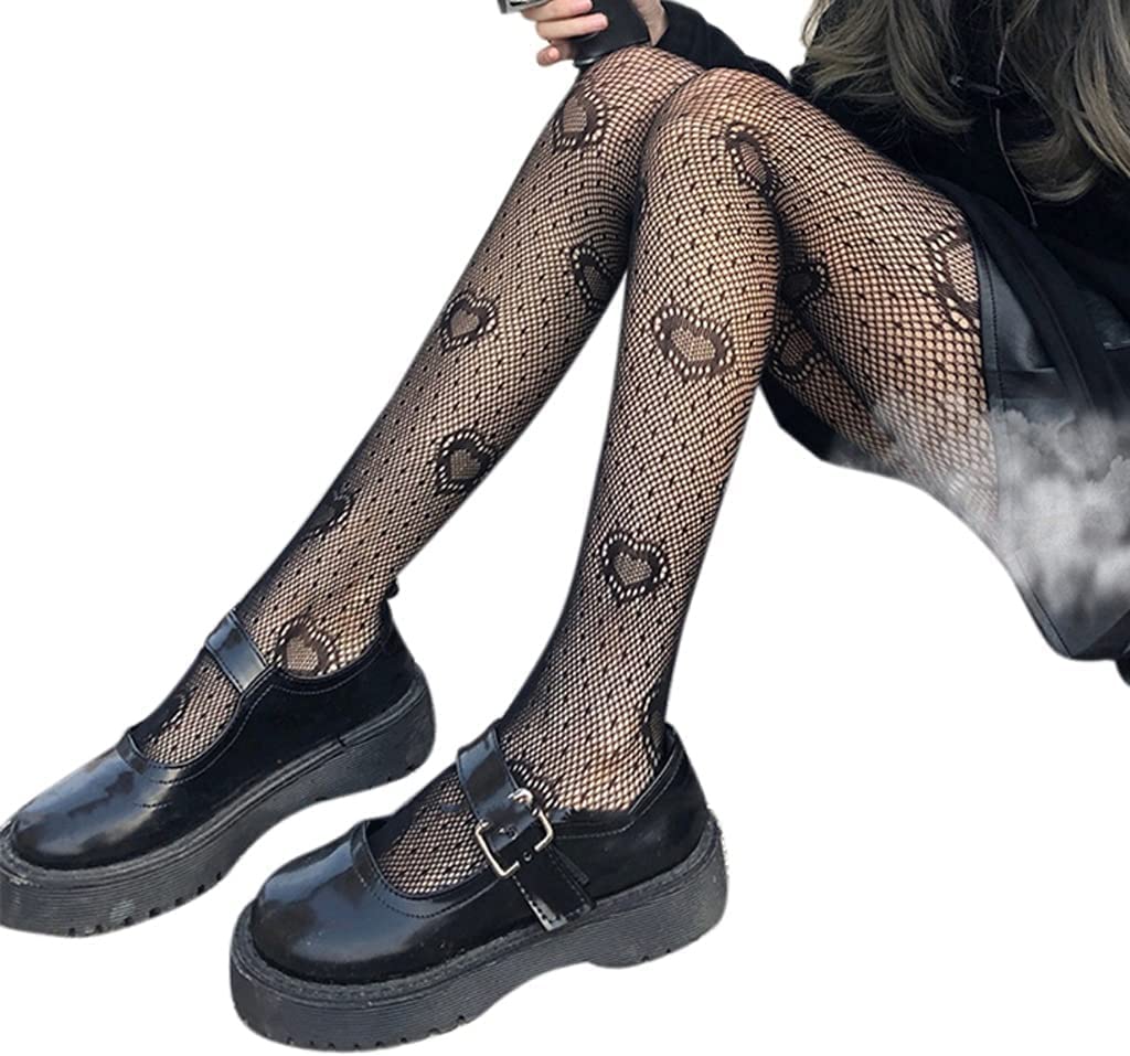 Bevis Women's Black Heart Dot Fishnet Tights - Sexy Hollow Out Mesh Stockings for Lingerie & Party Wear