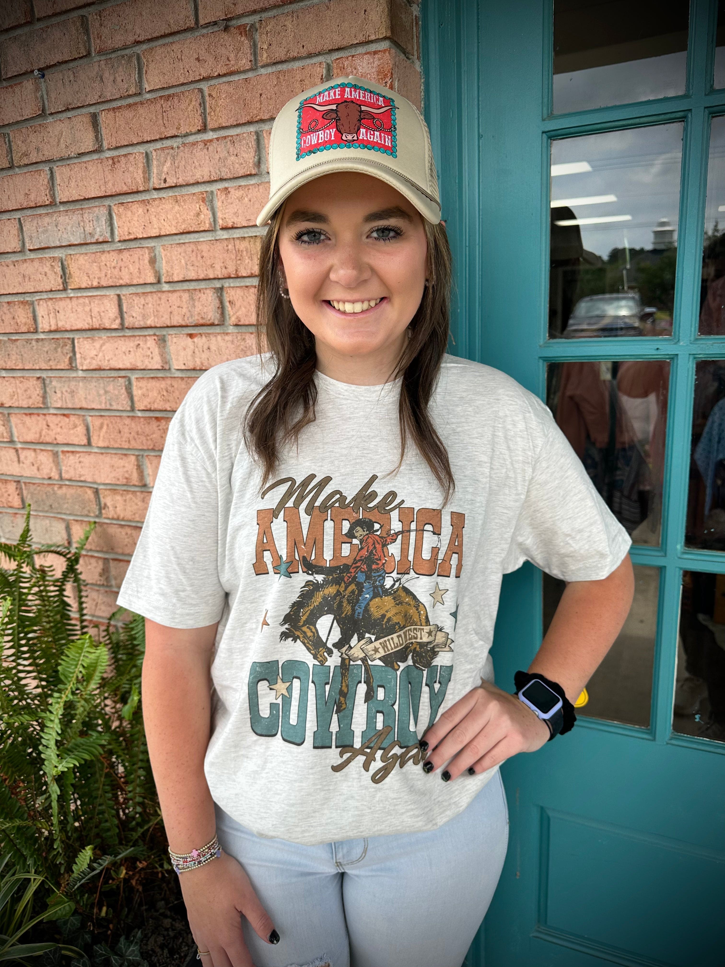 Make America Cowboy Again T-Shirt for Women - Vintage Patriotic Graphic Tee - Perfect for Western Rodeo, Country Concerts & 4th of July Celebrations