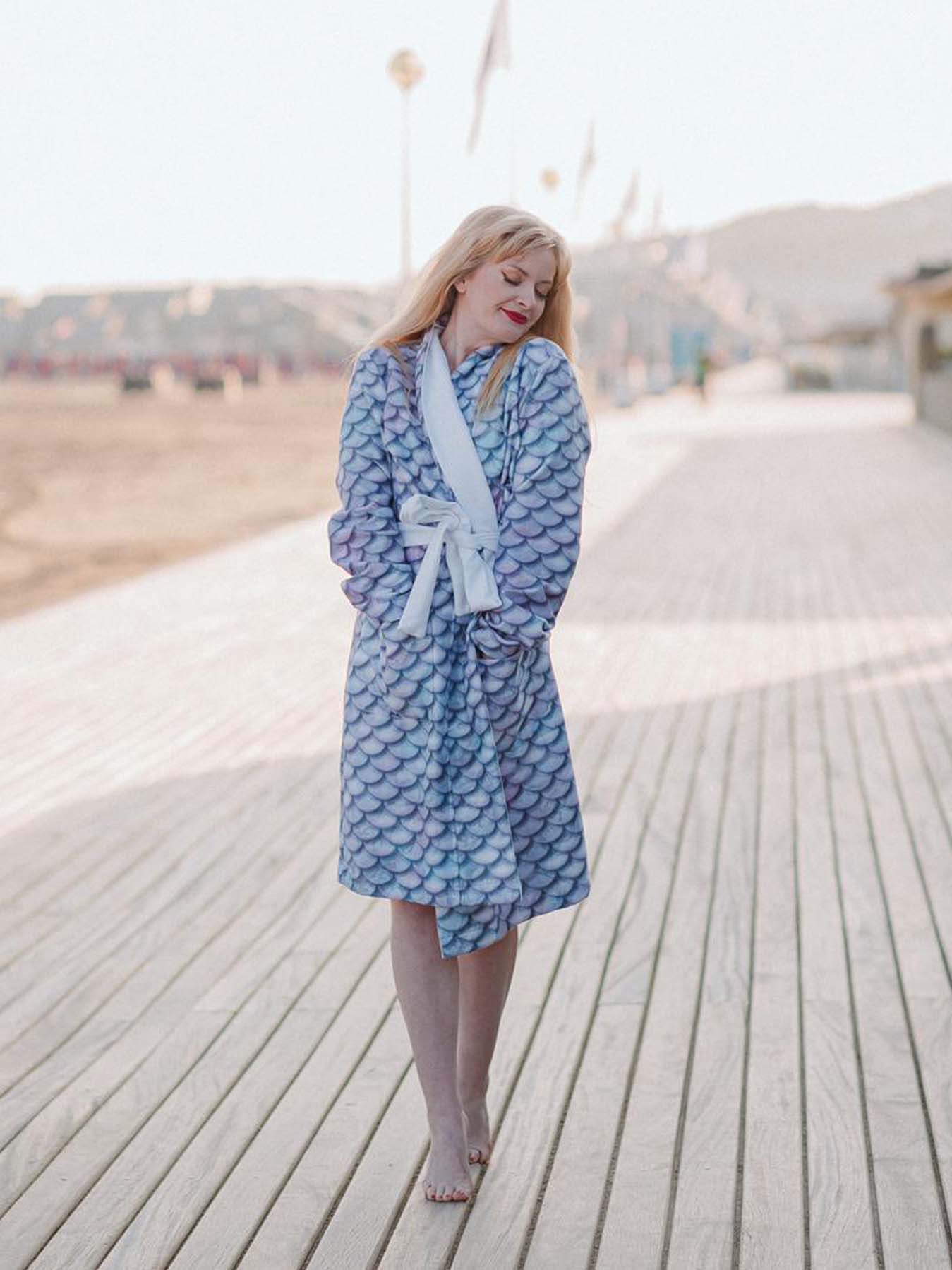 Luxury Terry Opal Mermaid Scale Bathrobe for Women - Soft Kimono Robe with Pockets - Perfect for Spa, Beach Cover-Up & Bridal Shower Gift