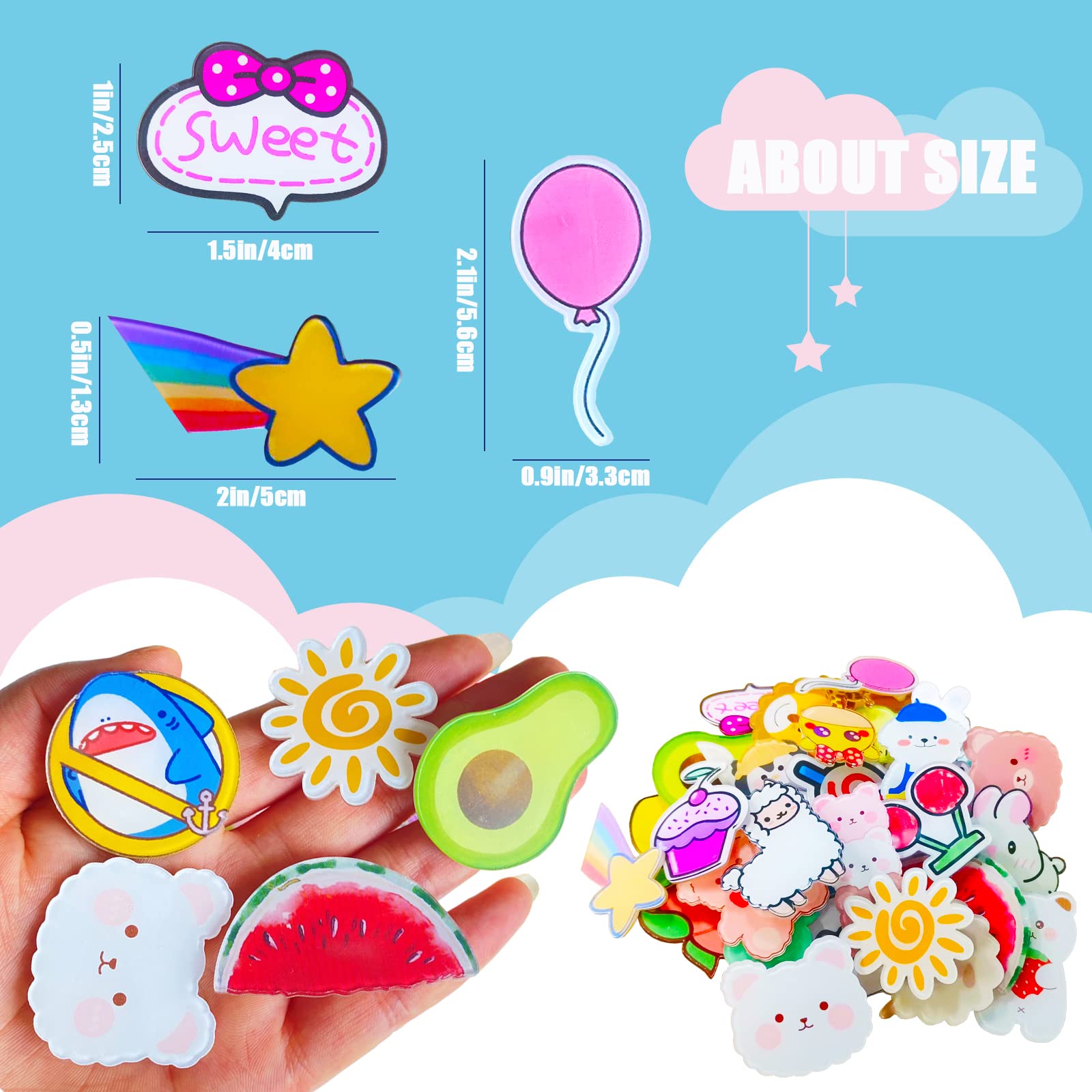 60/102 Pcs Cute Acrylic Brooch Pins - Kawaii Backpack Pins for Bags, Hoodies, Hats & Coats - Random Mixed Pack Aesthetic Accessories - Perfect Gifts for Girls & Teens - School, Travel & Fashion Styling