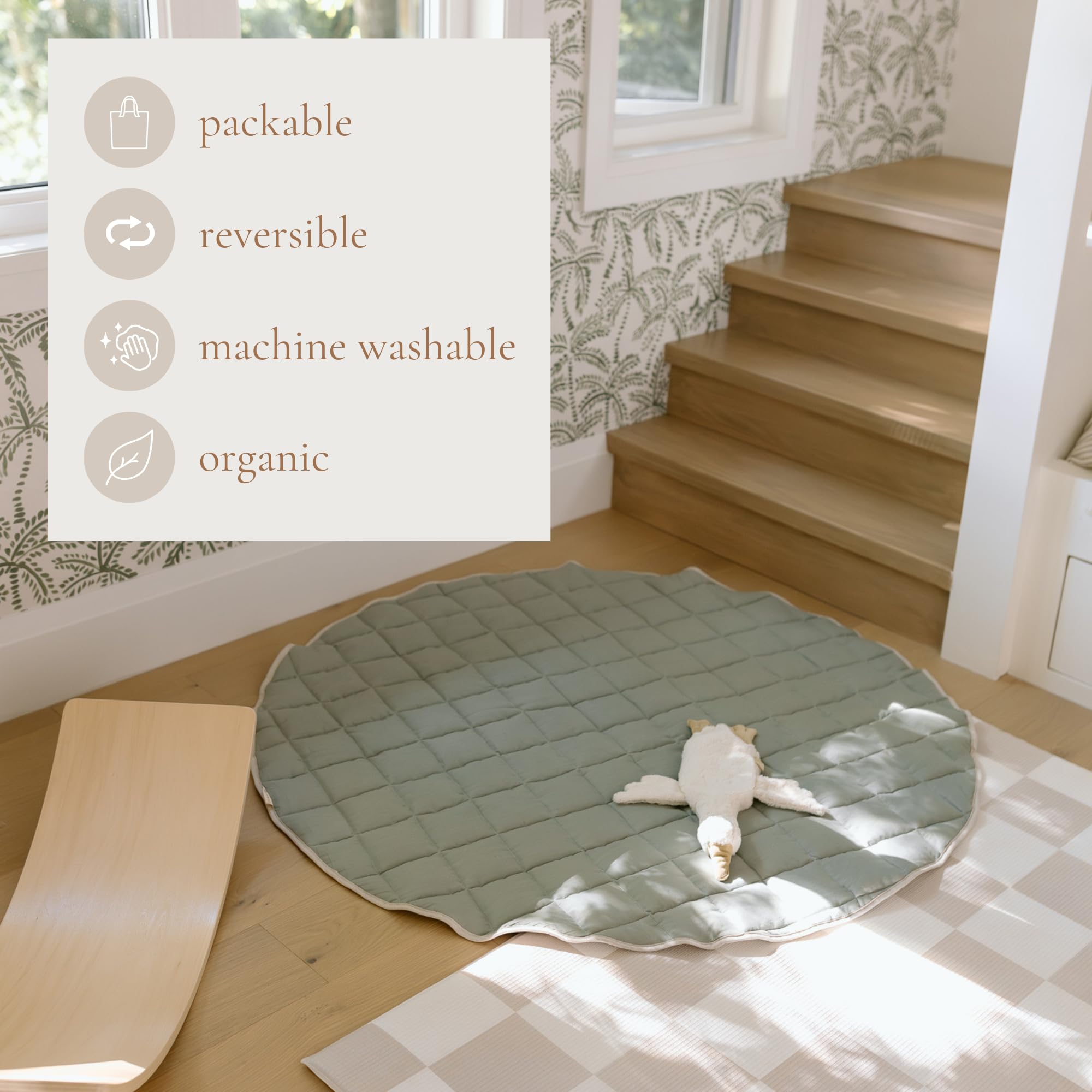 Organic French Linen Playmat - 100% Natural Quilted Neutral Baby Play Mat (Sage Green) | Eco-Friendly Nursery Floor Mat for Infants & Toddlers | Perfect for Playtime, Tummy Time & Sensory Development