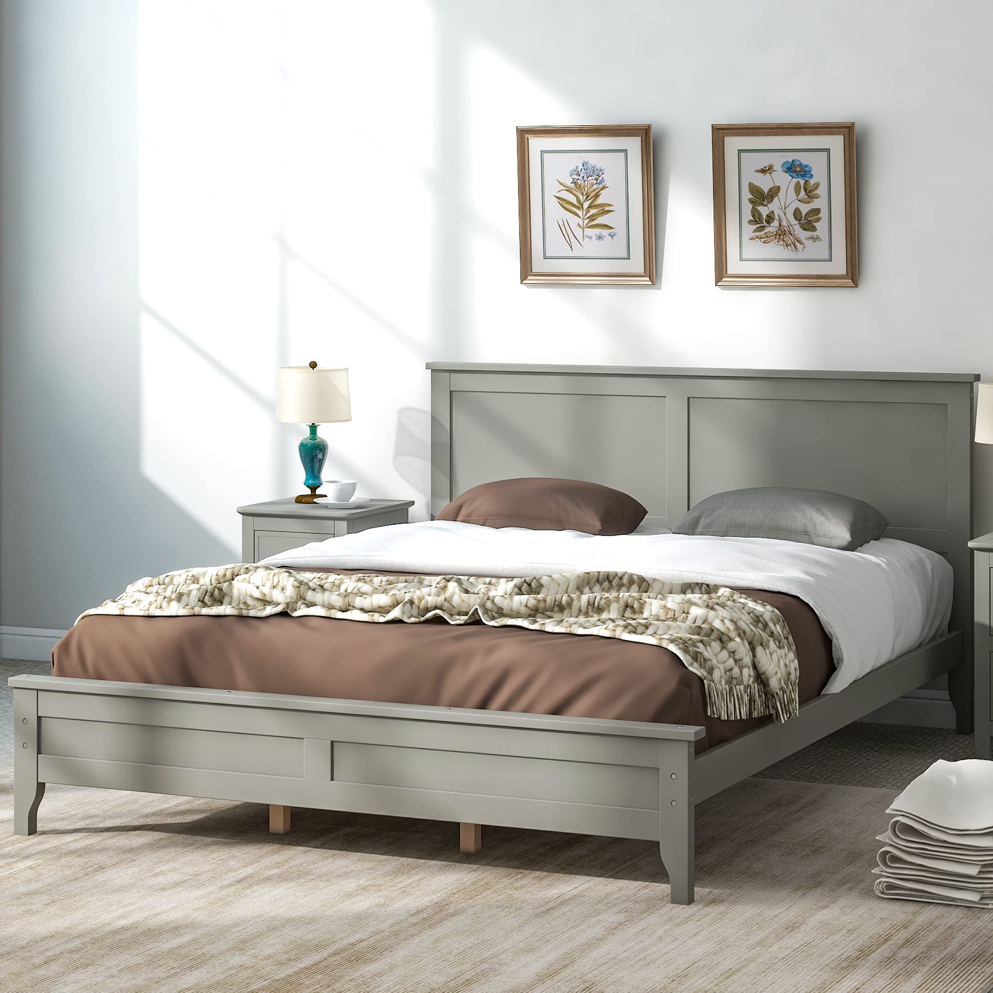 Queen Size Bed Frame with Headboard - 800 lbs Heavy Duty Platform Bed in Gray Pine Wood for Bedroom