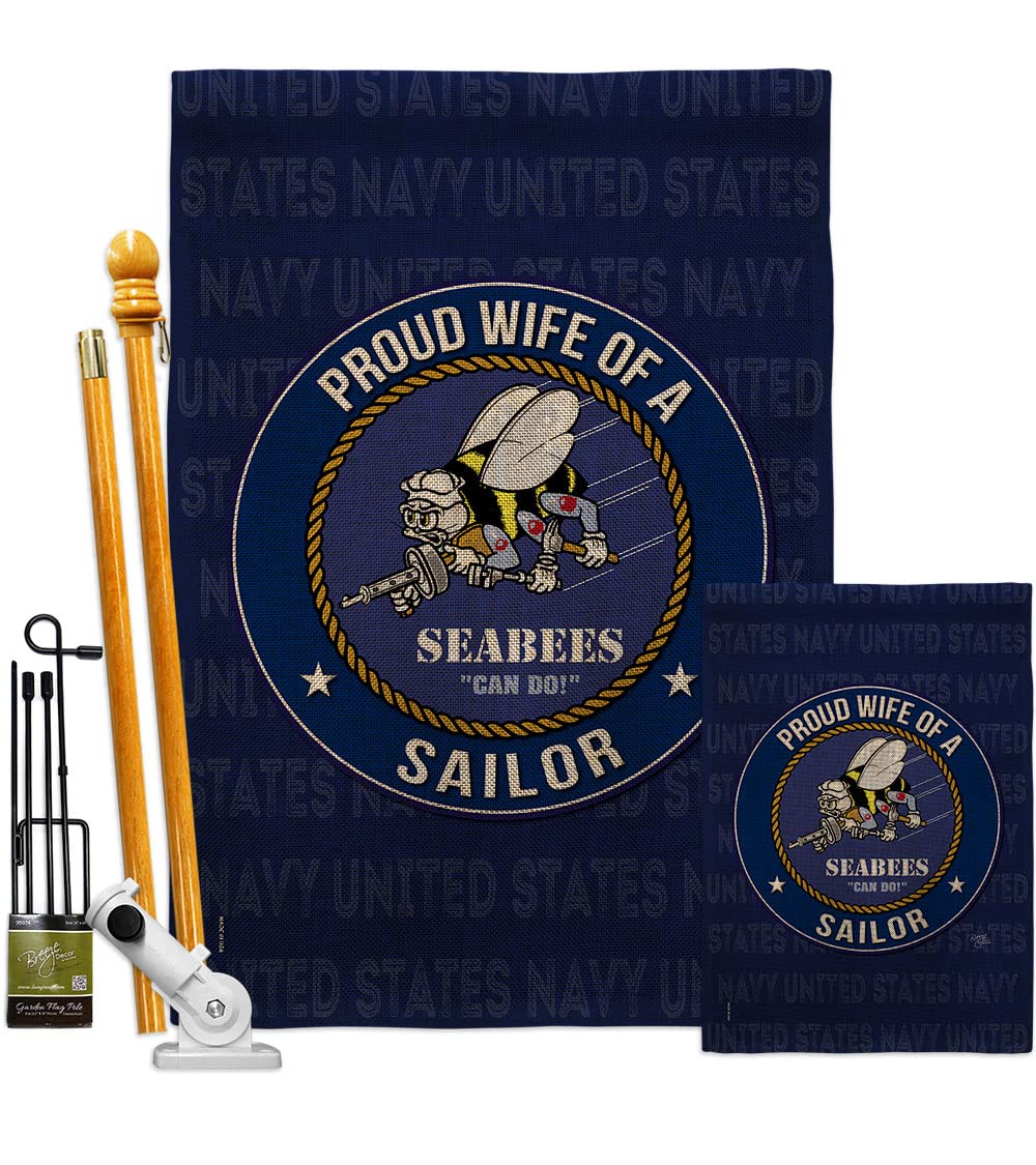 Double-Sided USA Made Seabees Navy Garden Flag Kit - 28x40 Inch Armed Forces Military Veteran Yard Banner, Proud Wife Sailor Burlap House Flag, USN Seabee Retiree Official Small Gift - Perfect for Patriotic Home Decor, Front Yard Display & Military Appreciation Events