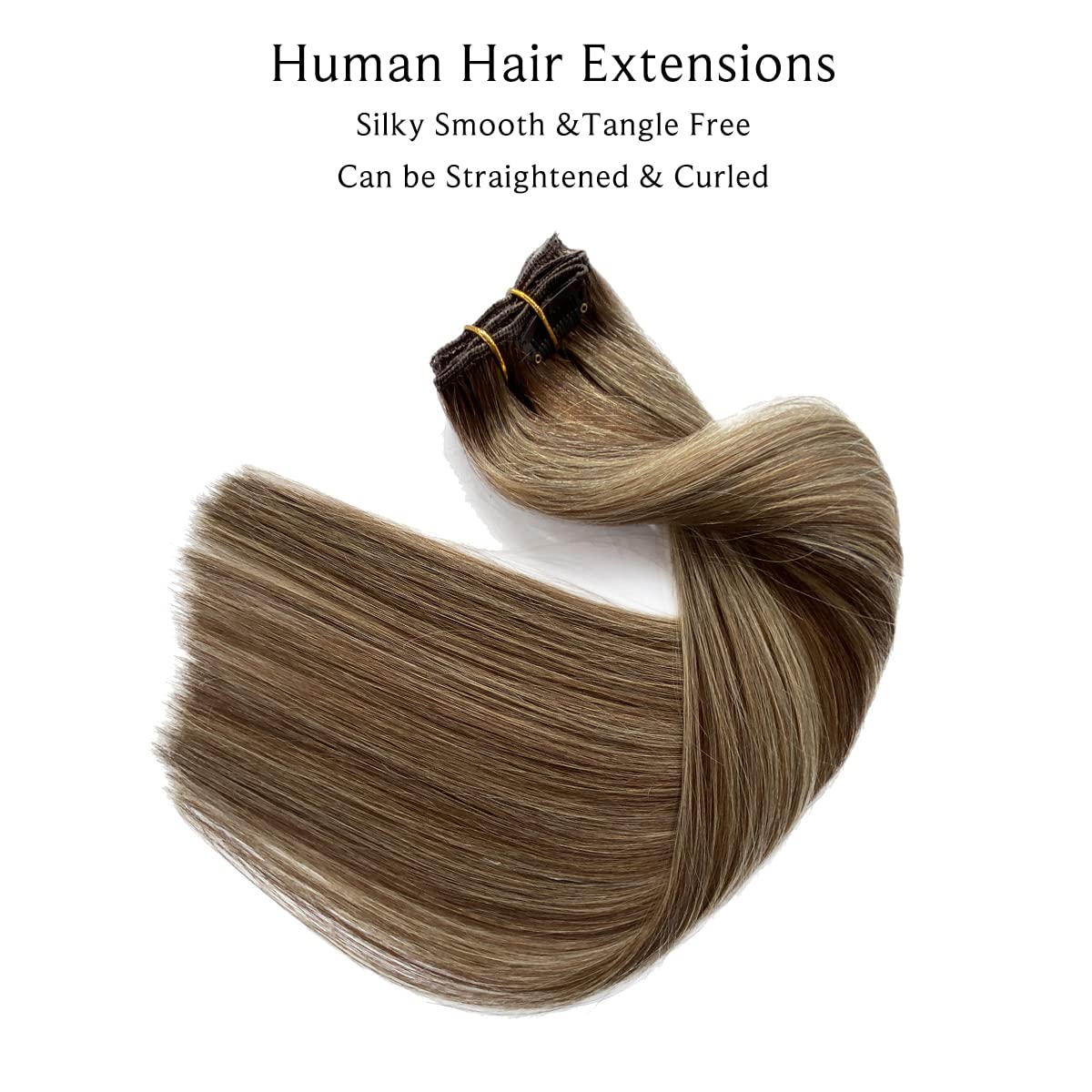 Clip in Hair Extensions 22 Inch - Ombre Brown to Chestnut Brown with Ash Blonde Highlights Balayage - 7pcs 70g Double Weft Straight Remy Human Hair - Natural Looking Hair Extensions for Women - Perfect for Daily Wear, Parties & Special Occasions