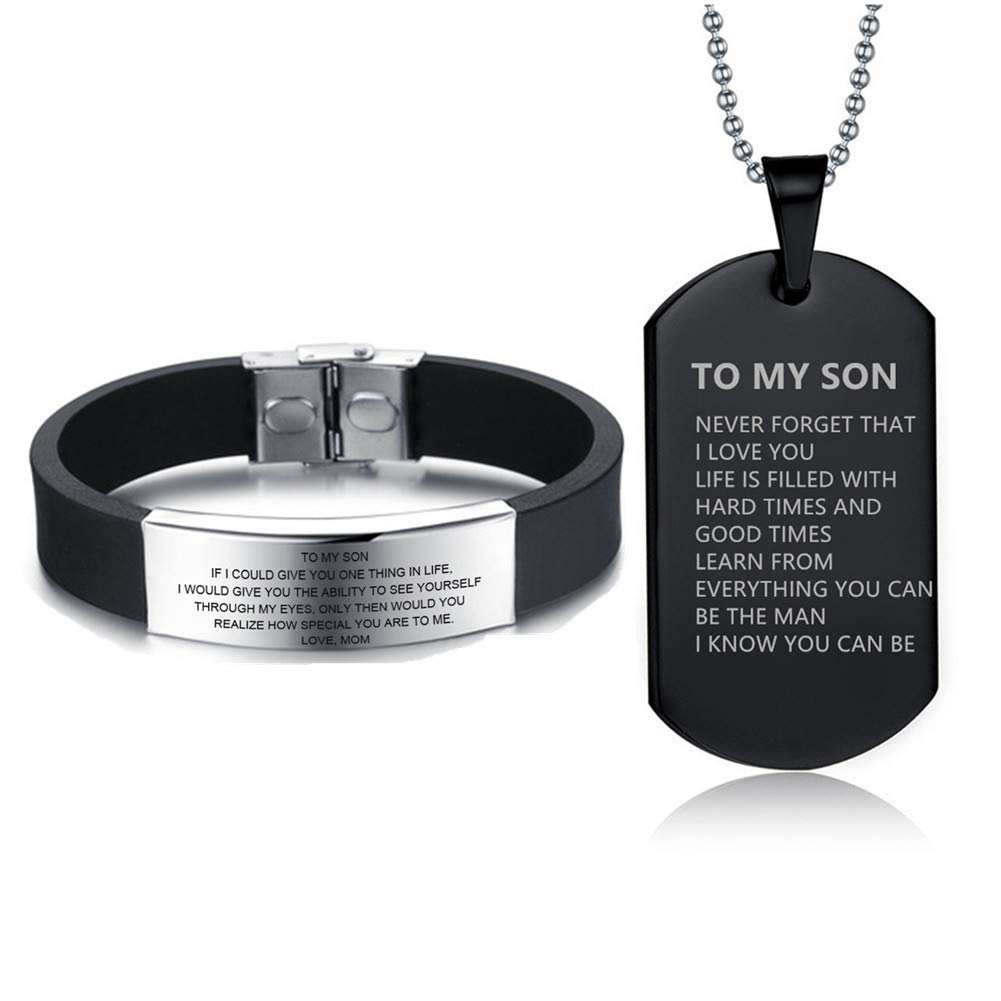 Personalized Stainless Steel Dog Tag Necklace & Silicone Bracelet Set - Custom Engraved Jewelry for Son, Graduation Birthday Gift from Parents - Free Customization - Perfect for Family Keepsakes, Military Appreciation & Special Occasions
