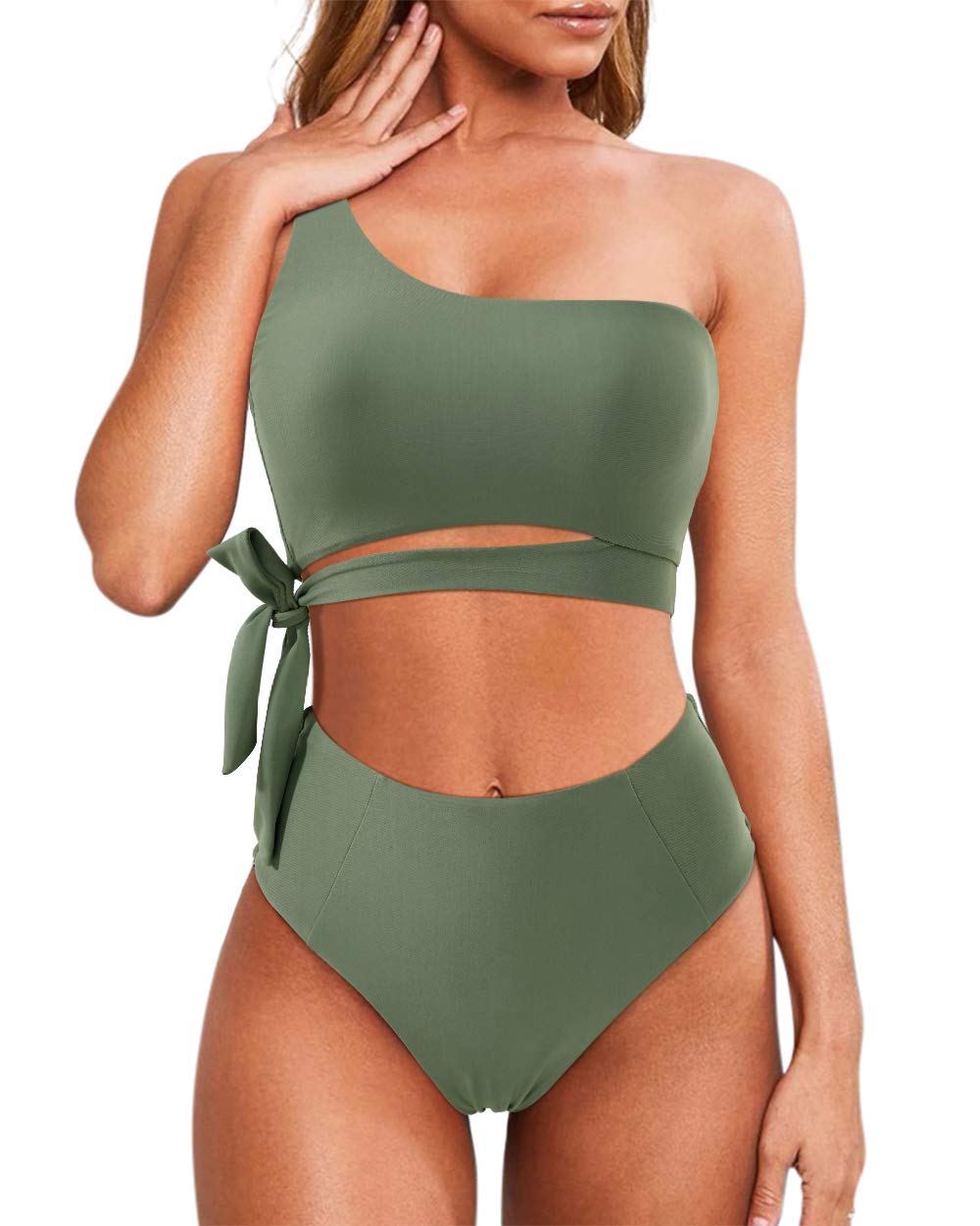 MOOSLOVER Women's One Shoulder High Waisted Bikini Set - Sexy Tie Side High Cut Two Piece Swimsuit for Beach, Pool Party & Summer Vacation