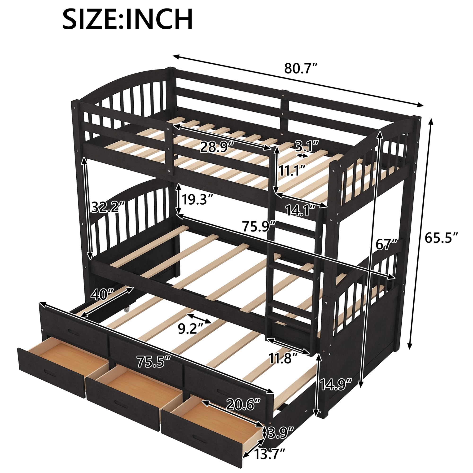 P PURLOVE Twin Over Twin Wood Bunk Bed Frame with Trundle & 3 Drawers - Sturdy Espresso Bunk Beds for Kids, Teens, Boys & Girls - Perfect for Small Bedrooms, Guest Rooms & Vacation Homes