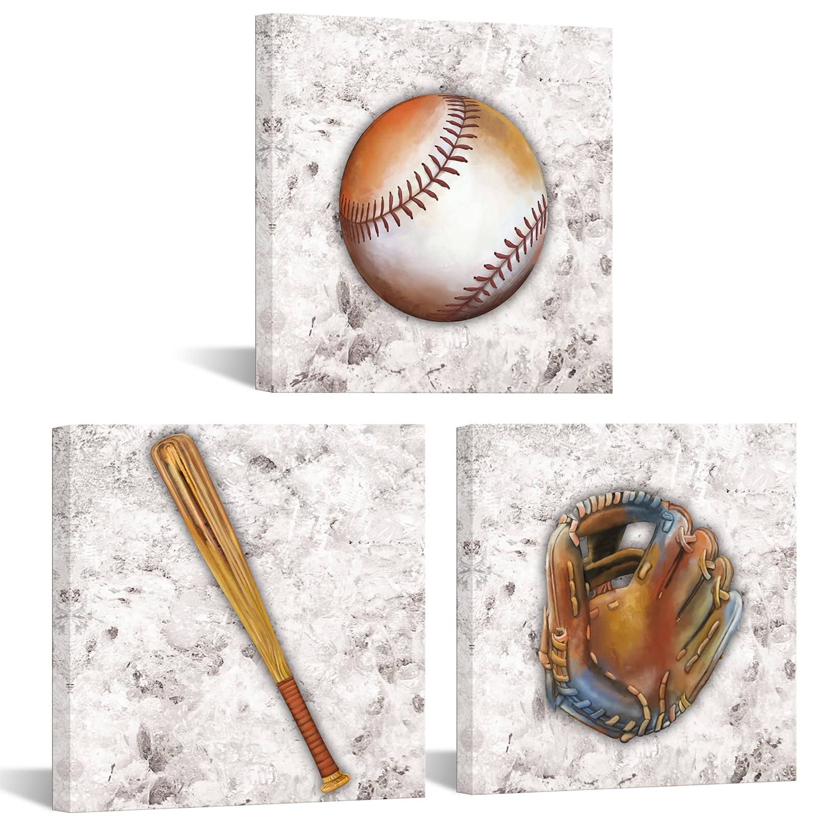 Biuteawal 3-Piece Baseball Canvas Wall Art - Vintage Sports Themed Painting for Boys Bedroom, Living Room & Bathroom Decor - Stretched & Ready to Hang - Perfect Gift for Teens & Sports Fans - Ideal for Game Room, Man Cave or Sports-Themed Nursery
