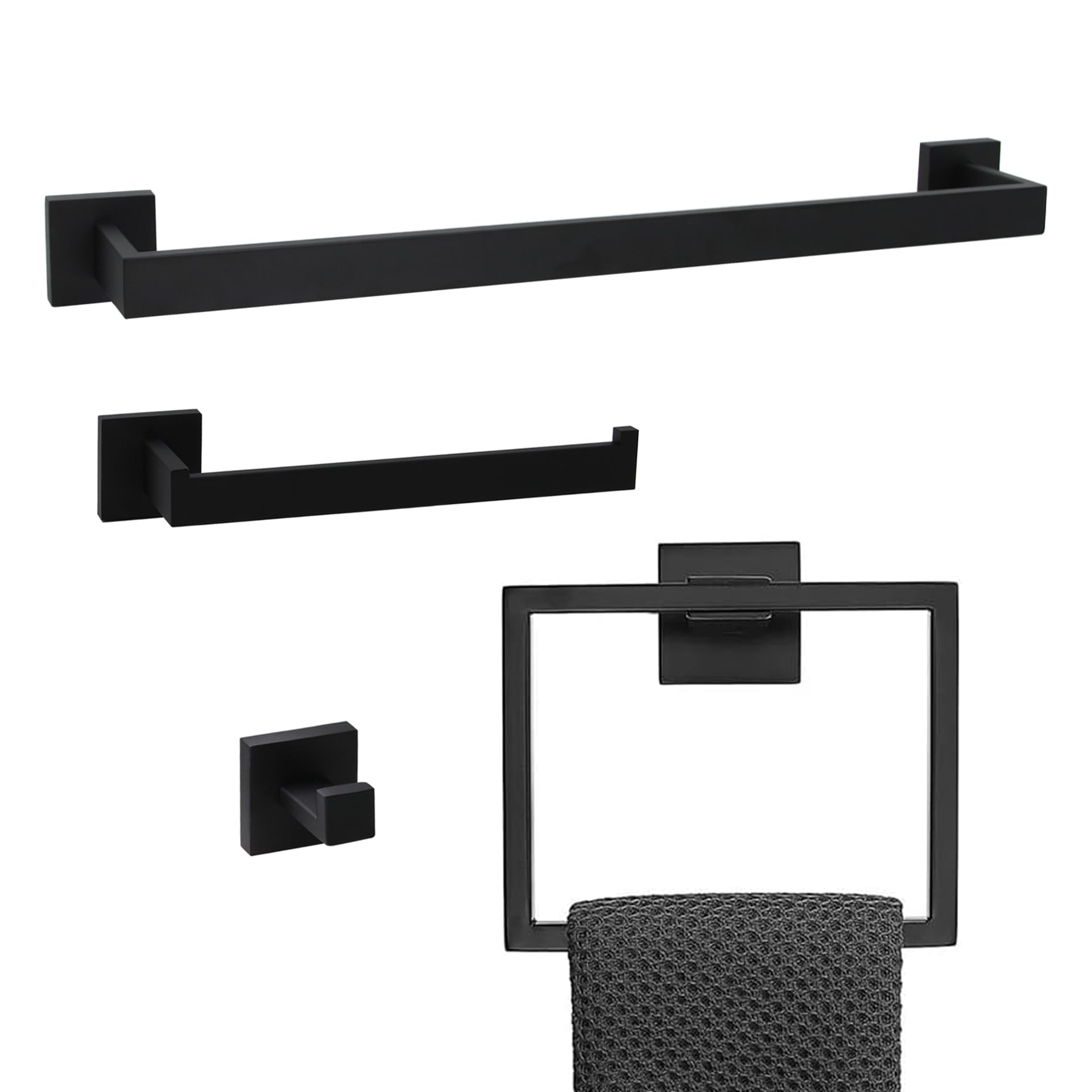 4-Piece Matte Black Bathroom Hardware Set - 16 Inch Towel Bar, Holder, Toilet Paper Stand & Hook - Modern Bath Accessories Kit for Home & Hotel Decor