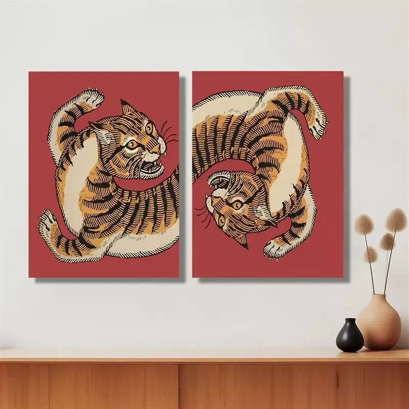 2Pcs Tiger Retro Decorative Canvas Painting - Framed Wall Art 50x75cm | High Quality Print | 100% Australian Made | Ready to Hang | Perfect for Living Room, Bedroom & Office Decor