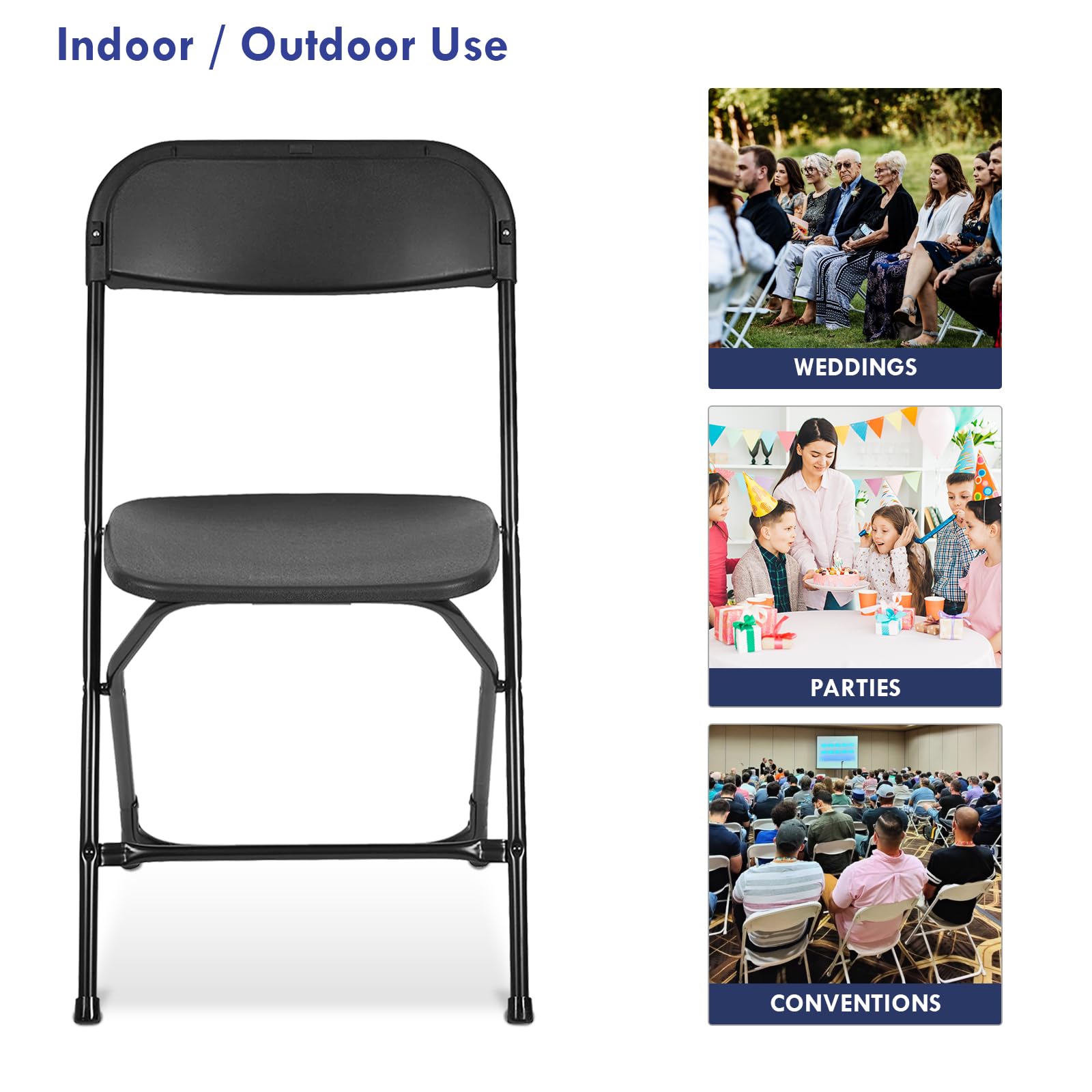 AJP Distributors 10-Pack Folding Chairs - Heavy Duty 650 lb Capacity, Stackable & Portable Event Chairs with Back Support for Indoor/Outdoor Use - Perfect for Weddings, Parties, Office Meetings, Picnics, Patio Dining & Garden Gatherings (Black)