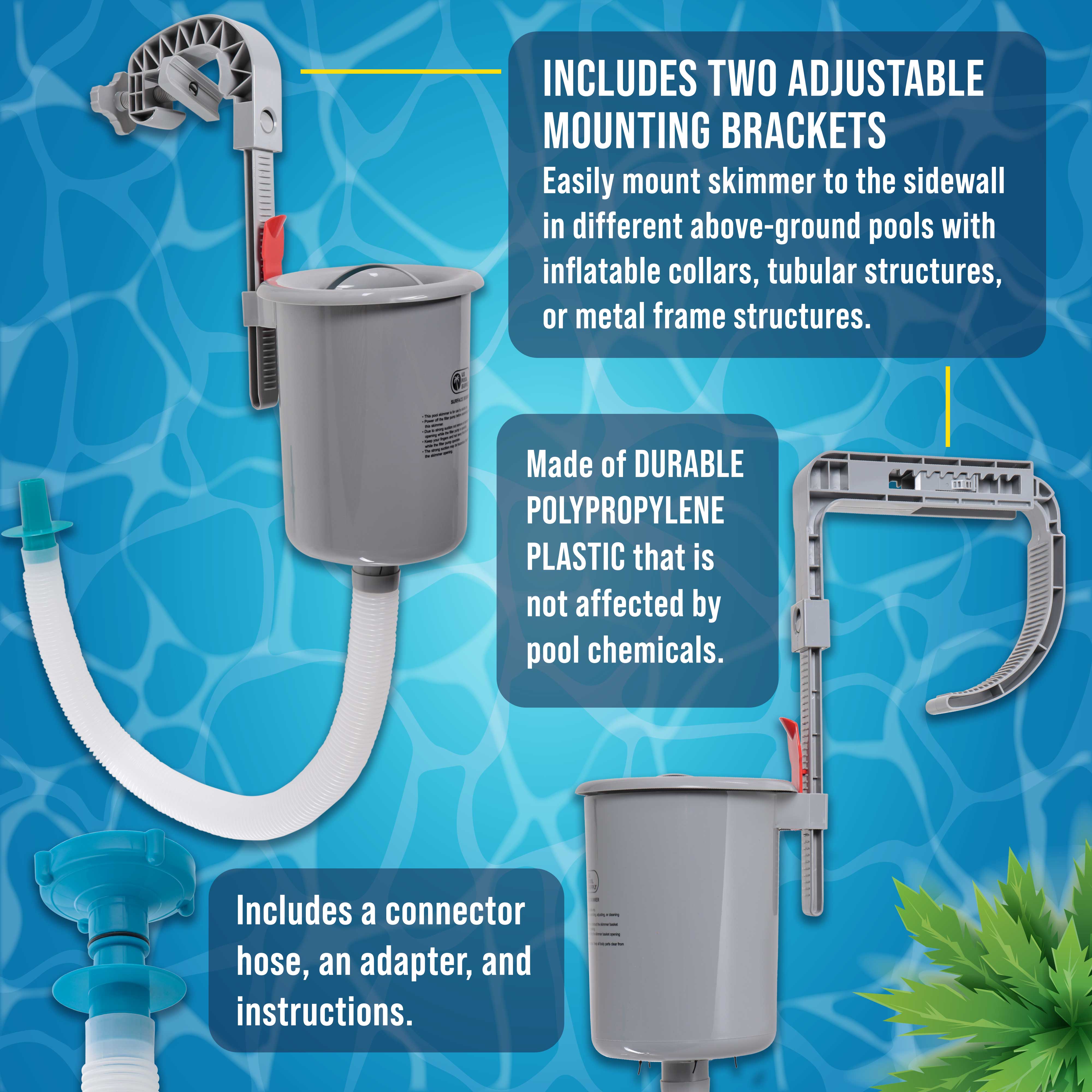 Premium Above Ground Pool Surface Skimmer - Wall Mount Automatic Cleaner for Inflatable Collars & Tubular Metal Frame Pools | US Pool Supply | Perfect for Backyard, Inground, and Family Swimming Pools