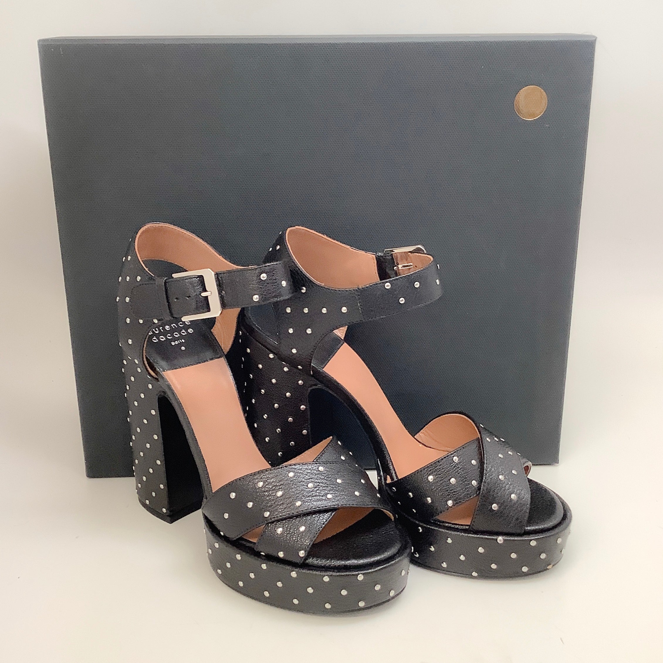 Laurence Dacade Black Leather Rosange Studded Platform Sandals for Women - Stylish High Heel Summer Shoes for Parties, Weddings & Night Out