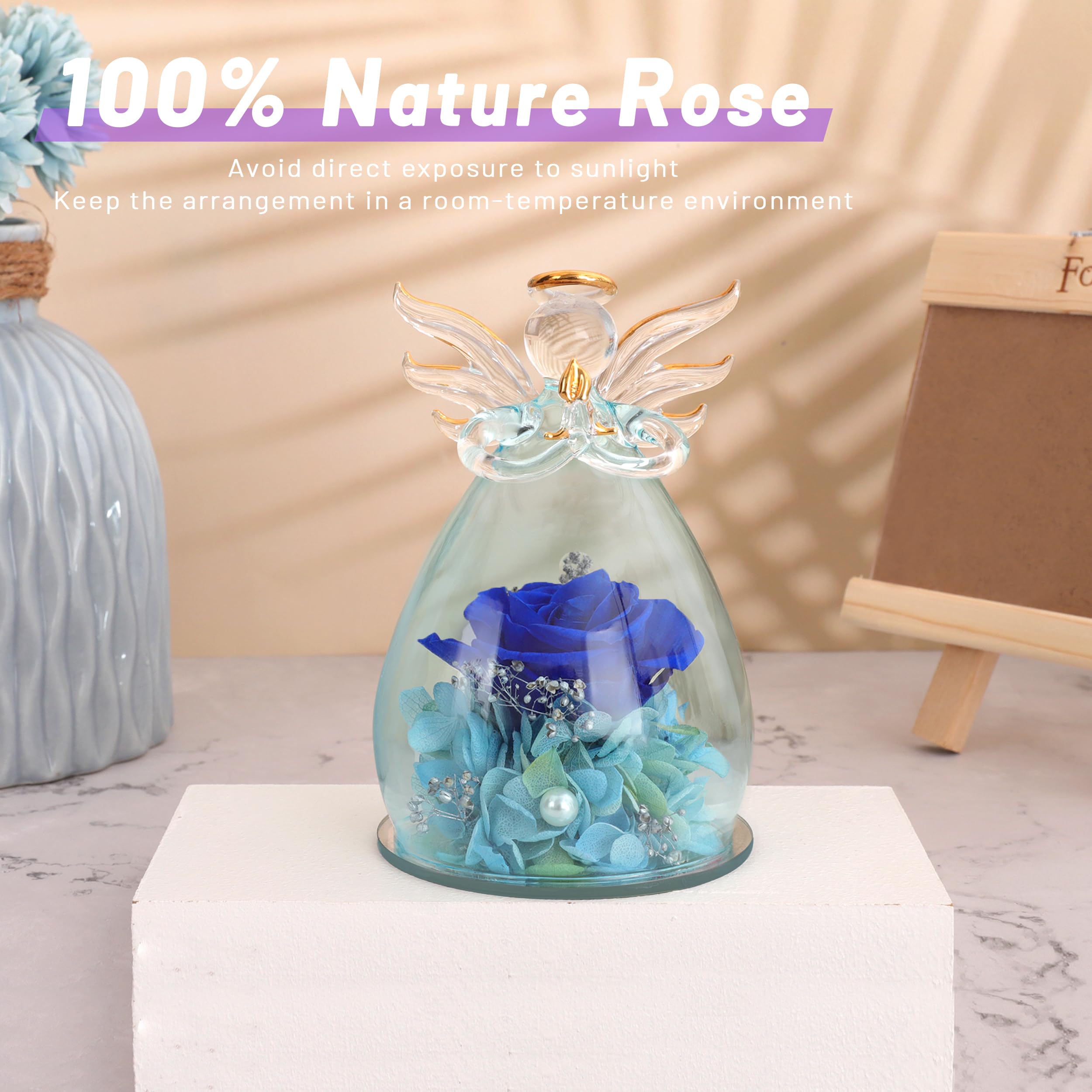 ANLUNOB Preserved Rose with Angel Figurine & 'I Love You' Necklace in 100 Languages - Eternal Flower Gift Set for Birthday, Christmas, Mother's Day & Thanksgiving - Romantic Home Decor & Thoughtful Present for Her