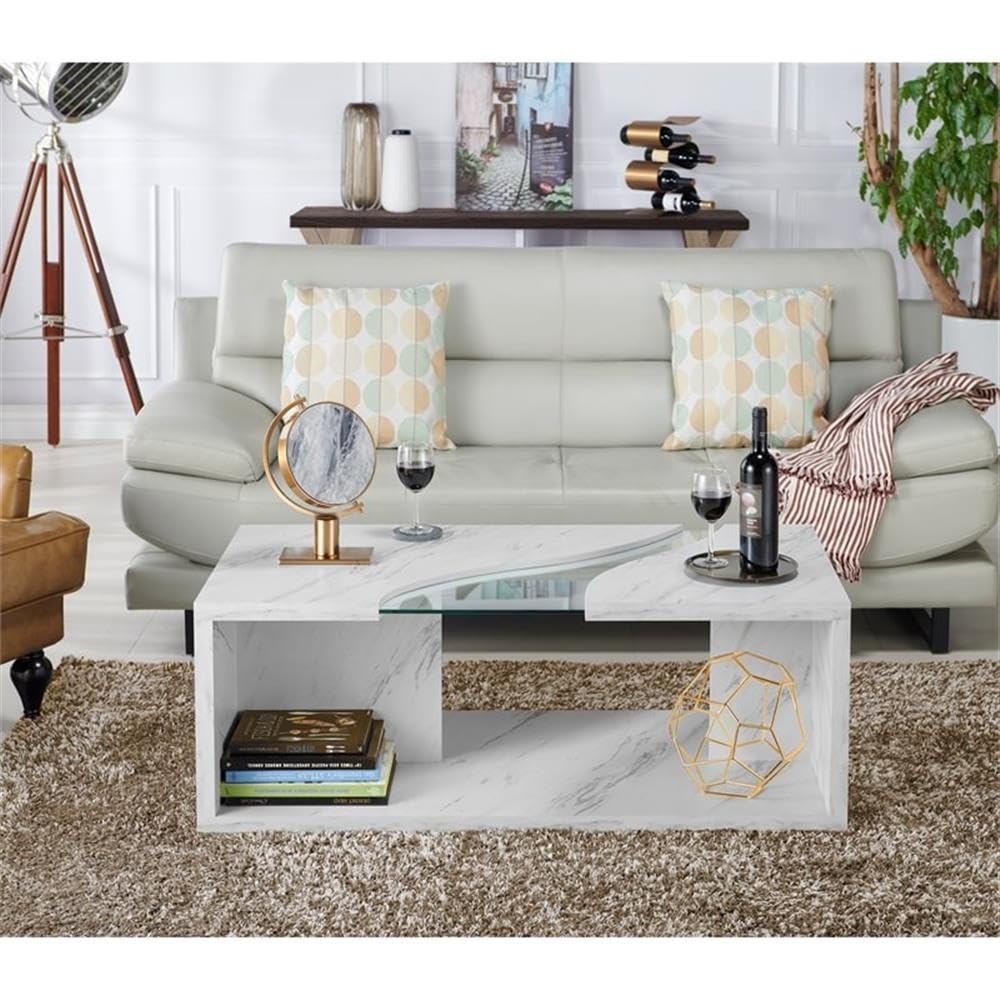 BOWERY HILL Modern Glass Top Coffee Table with Marble White Base - Perfect for Living Room, Lounge & Office Decor