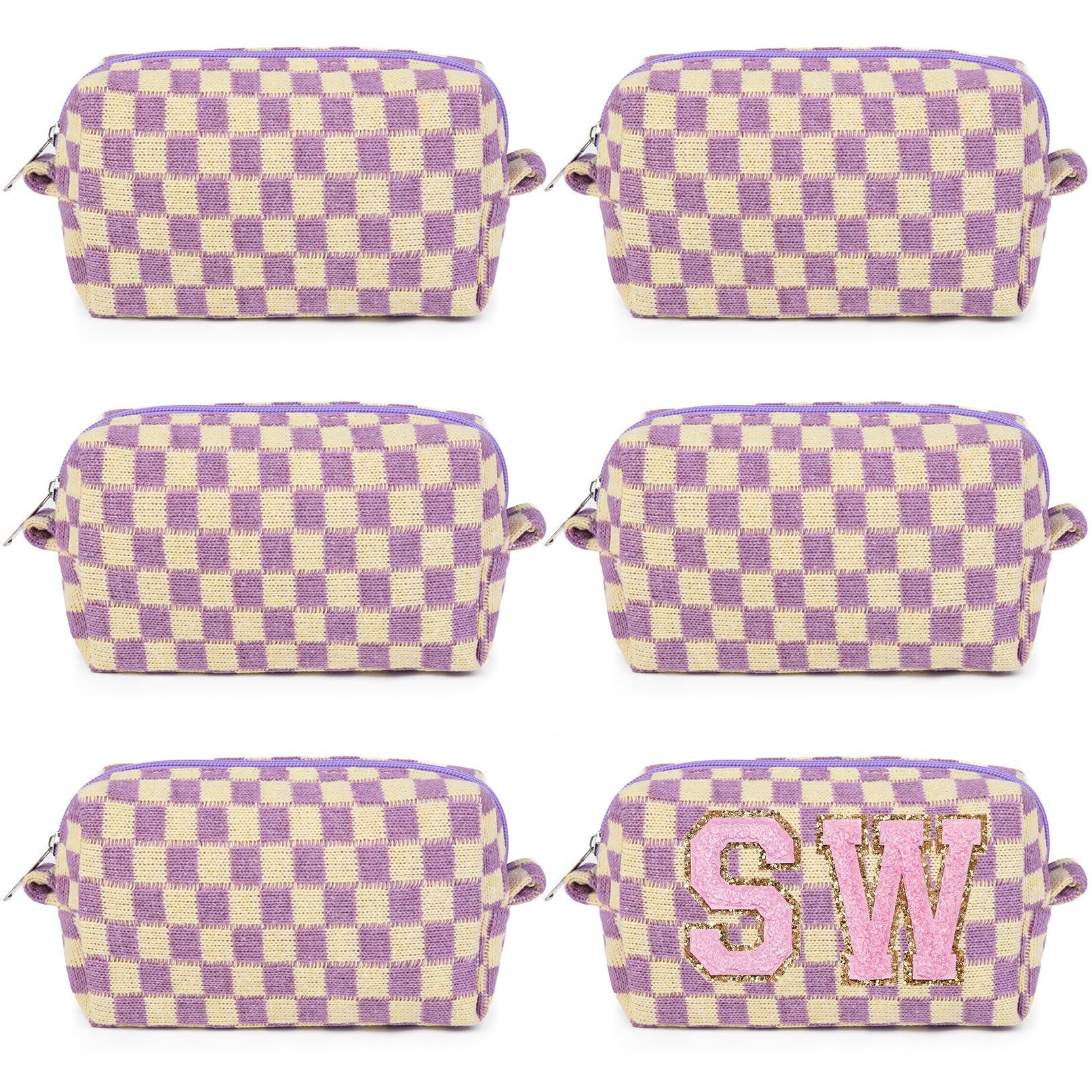 6-Piece Preppy Makeup Bag Set - Bulk Checkered Cosmetic Pouches in Purple | Personalized Travel Toiletry Organizer | Cute DIY Makeup Brushes Storage for Women | Perfect for Travel, Gifts & Daily Beauty Organization