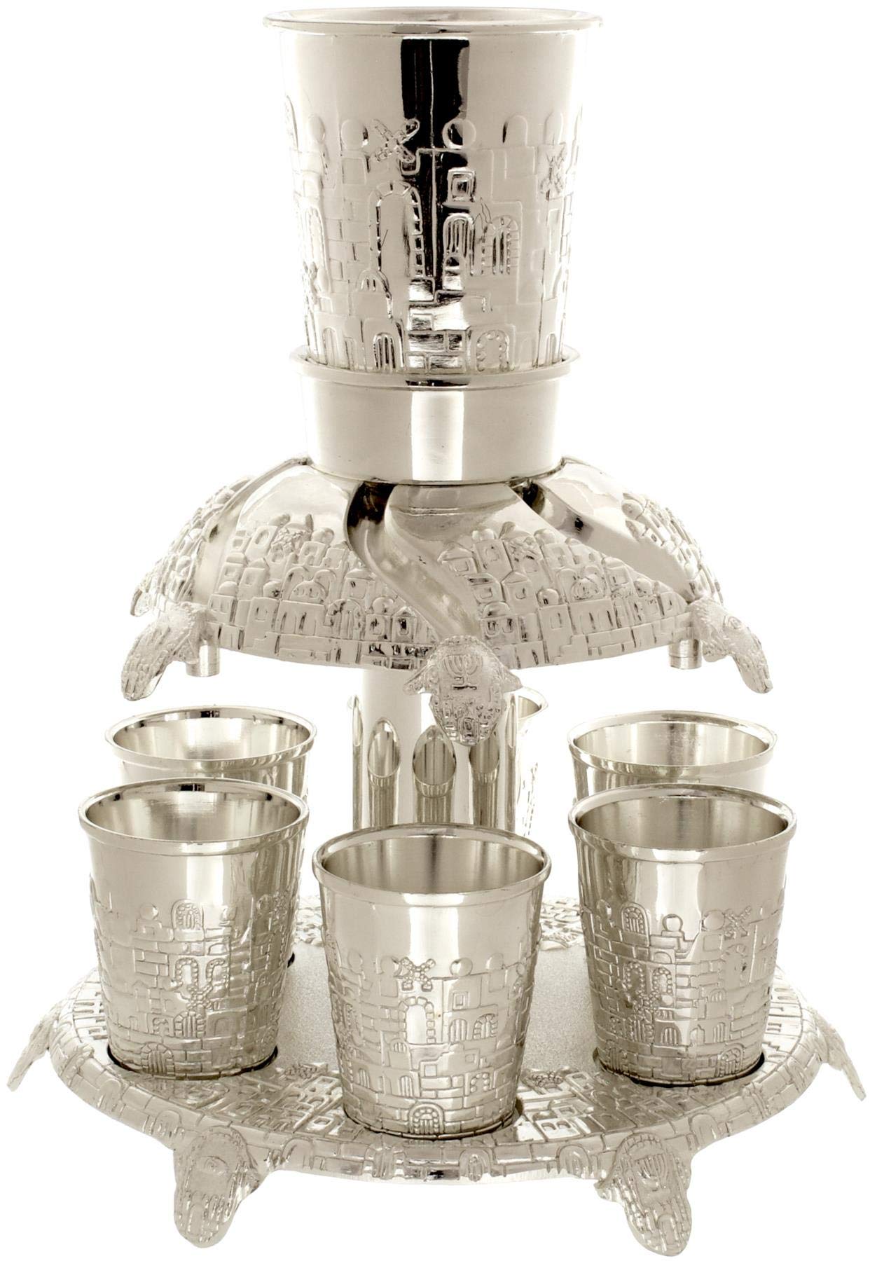 Silver Kiddush Wine Fountain with 6 Cups - Elegant Jerusalem Design (21cm) for Jewish Holidays & Shabbat Celebrations