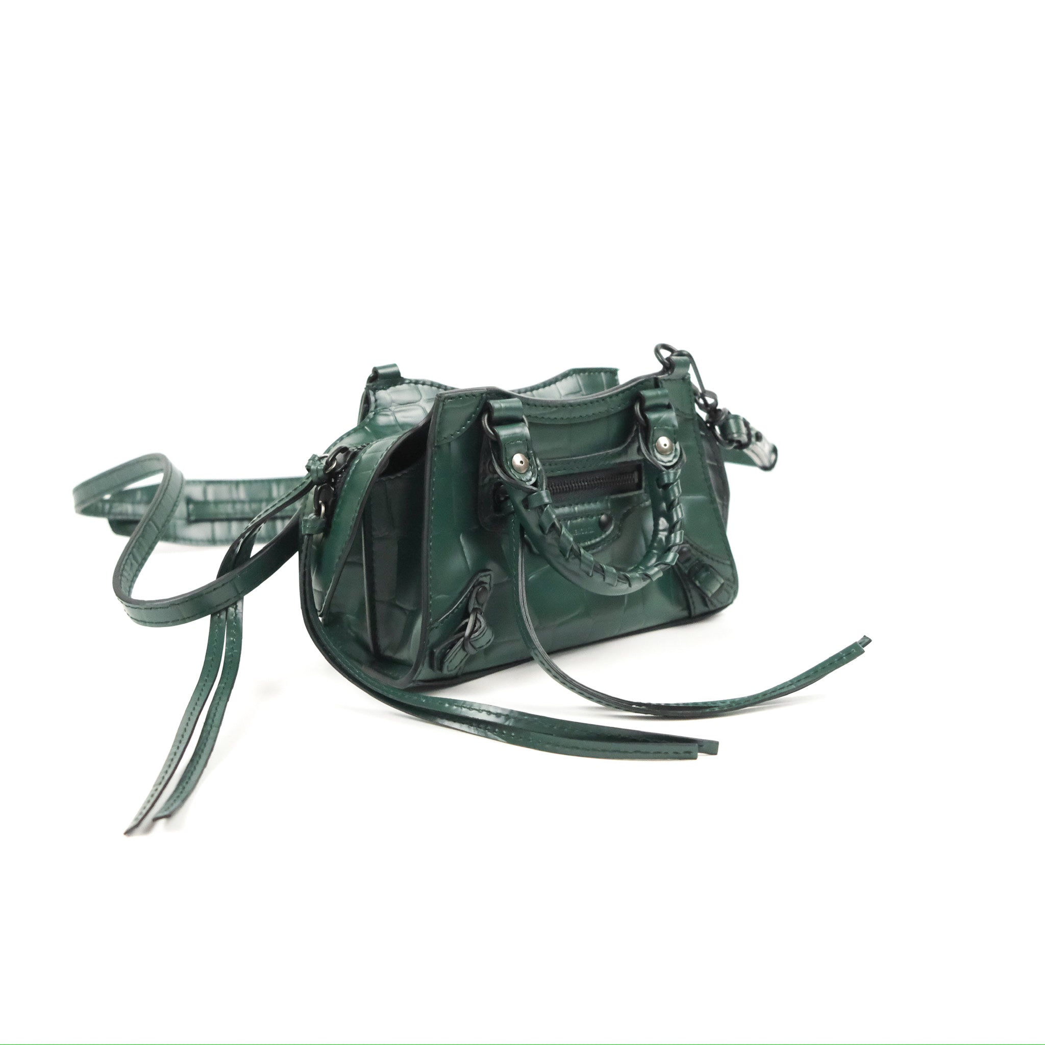Balenciaga Mini Neo Classic City Bag - Green Crocodile Embossed Leather Crossbody Bag for Women | Perfect for Everyday Use, Parties & Travel