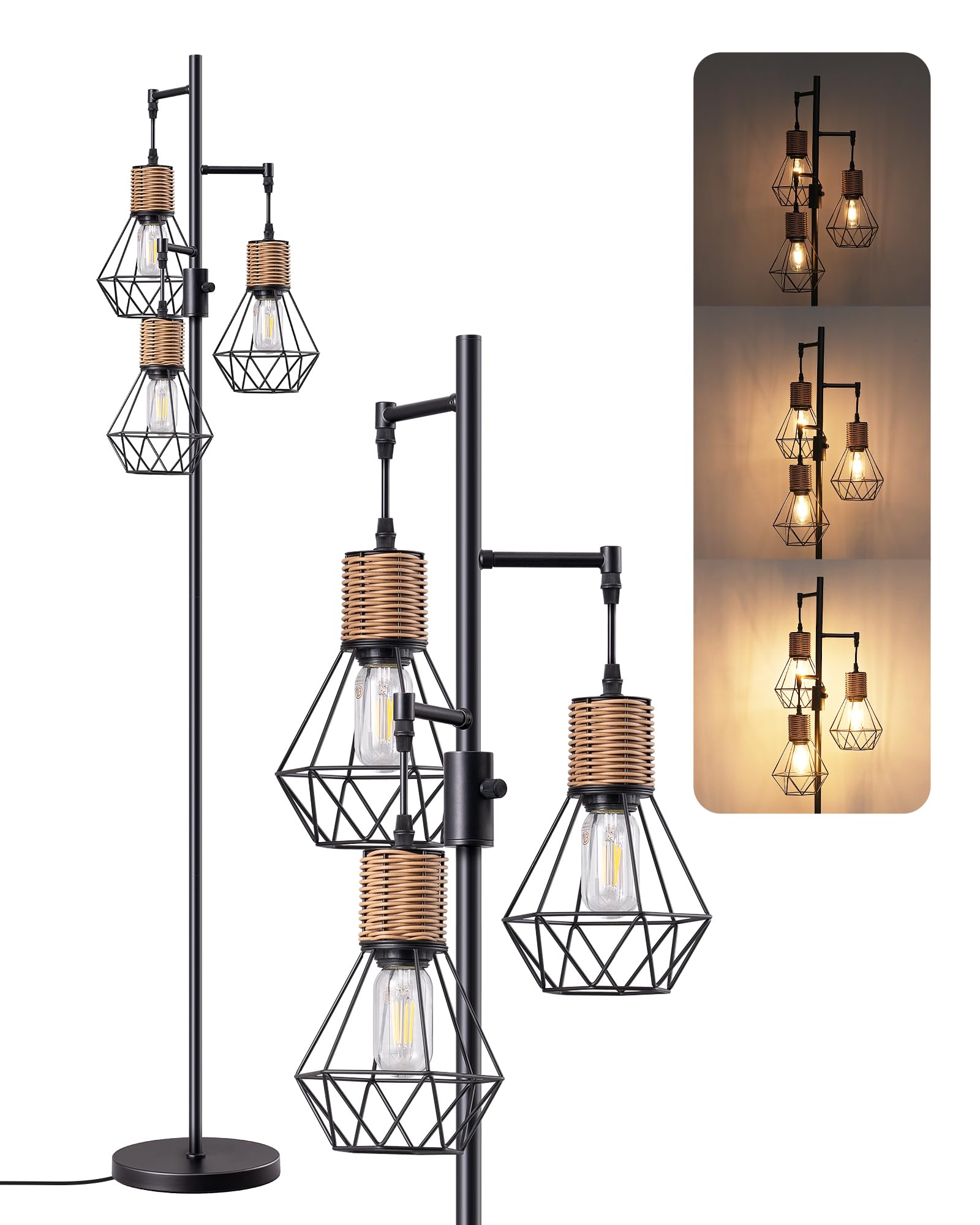 Dimmable Industrial Floor Lamp with 3 LED Edison Bulbs - Farmhouse Standing Light for Living Room, Bedroom & Office - Rustic Rattan Reading Lamp with Diamond Cage Design (Black) | Perfect for Cozy Reading Nooks, Home Office Lighting & Farmhouse Decor