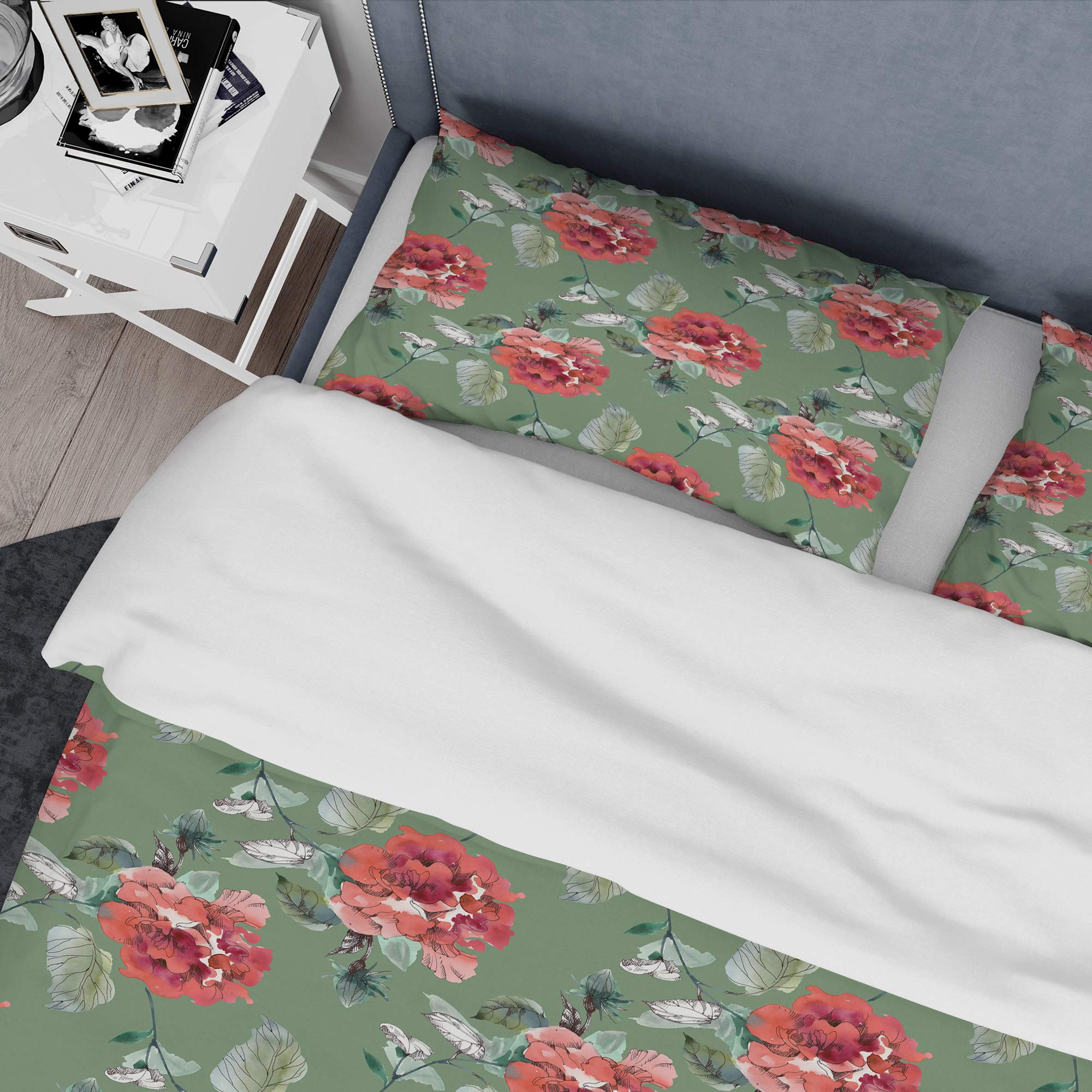 Nautical Floral Duvet Cover Set King - Red Rose & Green Coastal Design for All Seasons