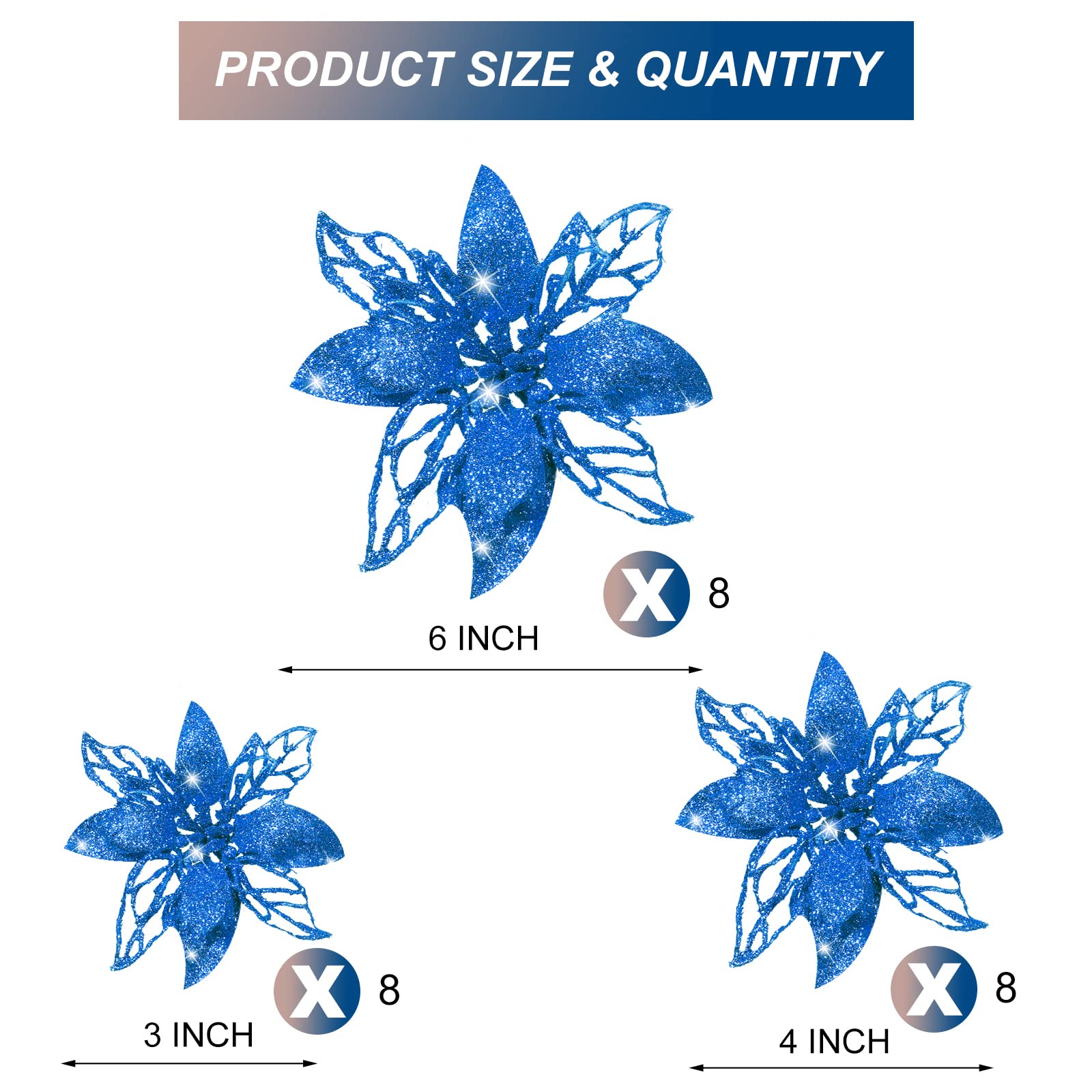 24-Piece Blue Glitter Artificial Poinsettia Flowers - Christmas Tree Decorations, Wedding Centerpieces, Holiday Home Decor & New Year Party Ornaments - Perfect for Xmas Wreaths, Gift Wrapping & Festive Tablescapes