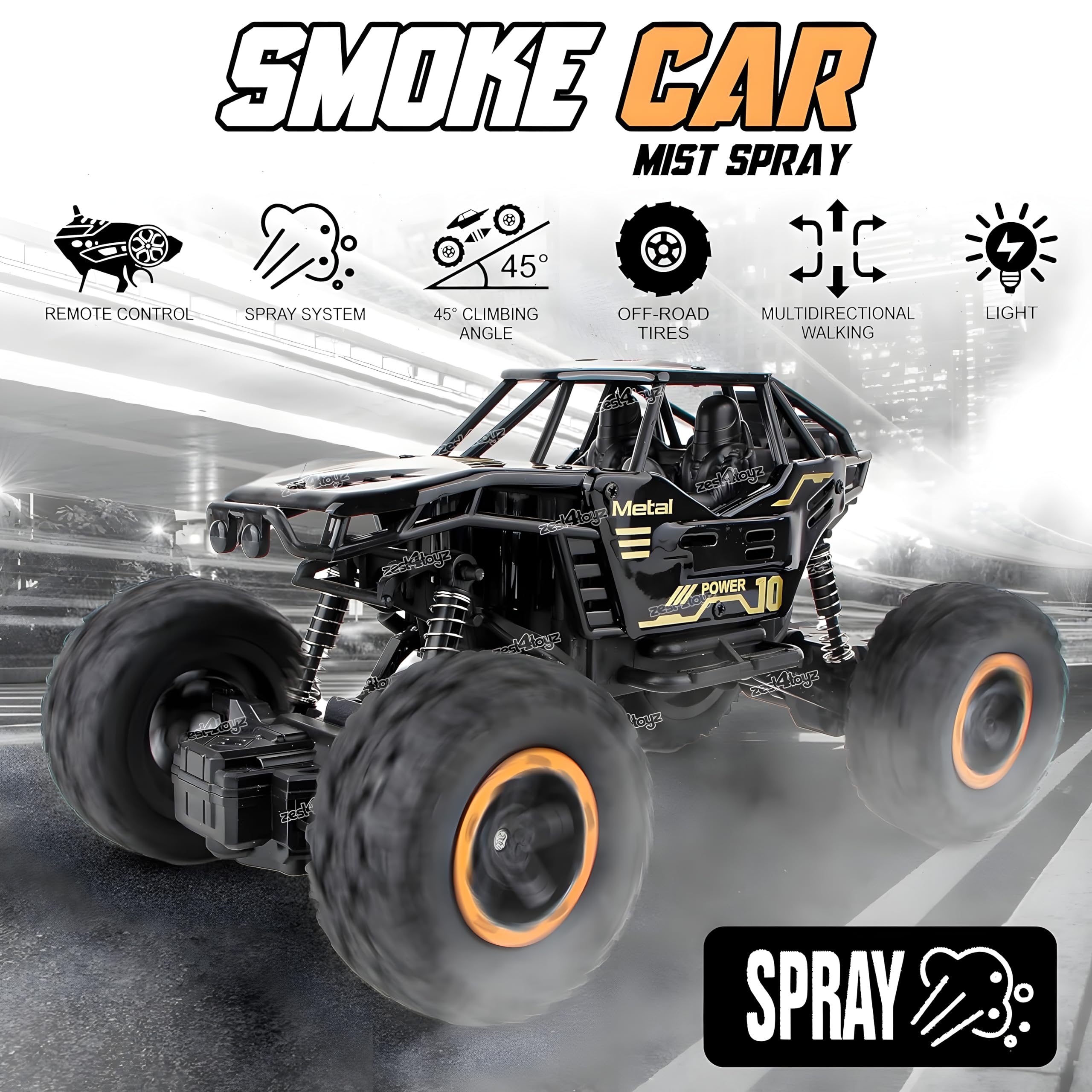Eli & Chi Remote Control Monster Truck RC Car - 2WD Off Road Rock Crawler with 45° Climbing Angle, Rechargeable Battery & Water Mist Spray | High Speed Racing Toy for Boys & Kids | Outdoor Play, Backyard Adventures, Birthday Gifts (Black)