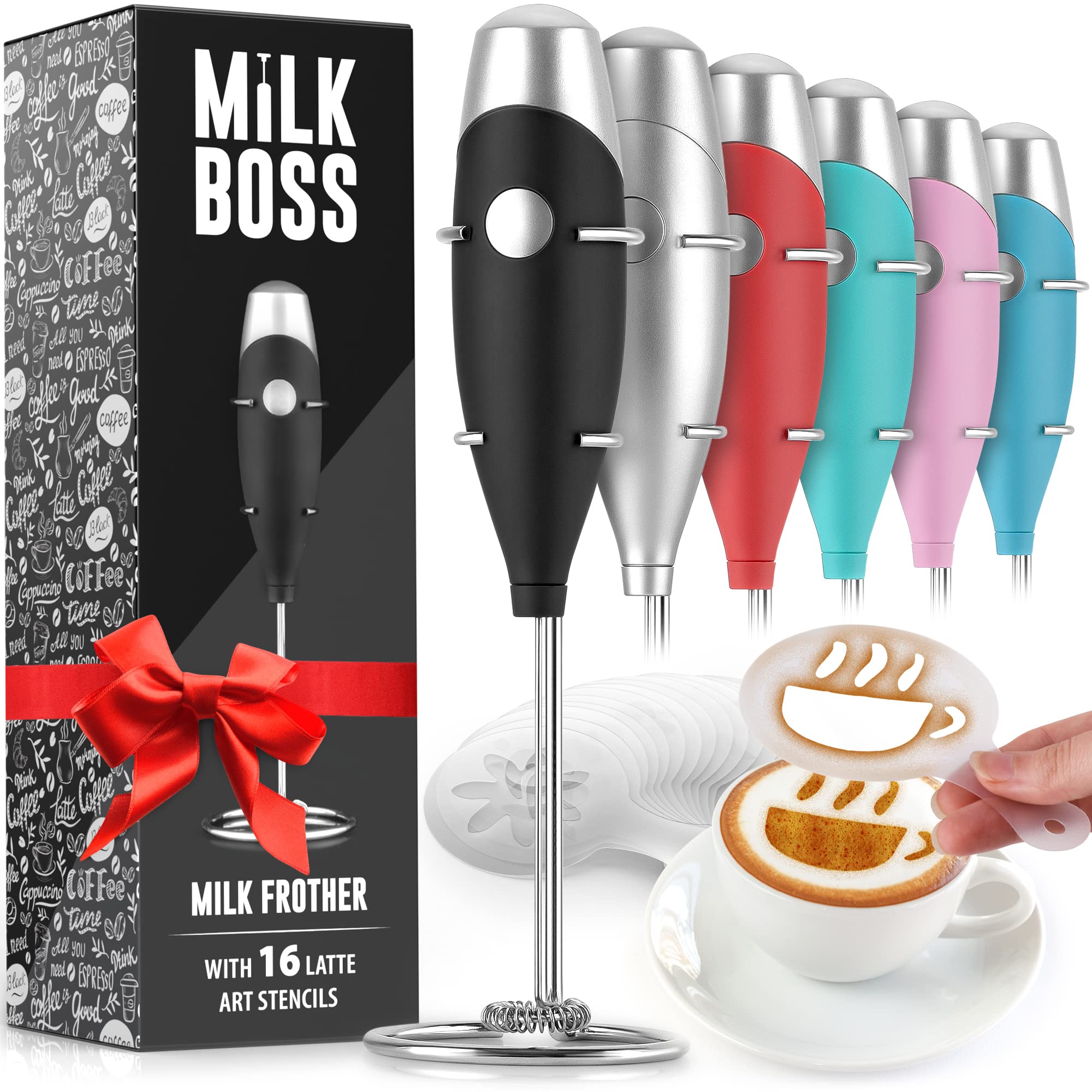 Electric Milk Frother Handheld Whisk Mixer - Portable Coffee Foam Maker for Lattes, Matcha & Hot Chocolate - Battery Powered Milk Frother with 16-Piece Stencils Kit - Perfect for Home, Office & Coffee Shops (Black)