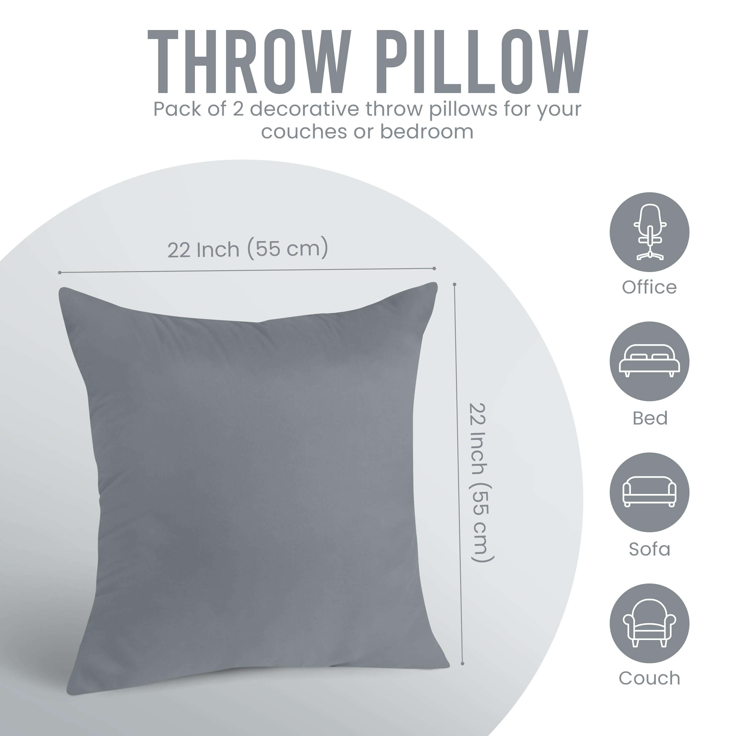 Utopia Bedding 22x22 Inch Throw Pillow Inserts (Pack of 2, Grey) - Soft Decorative Couch & Bed Pillows for Living Room, Bedroom - Perfect for Home Decor, Sofa Accents and Cozy Comfort