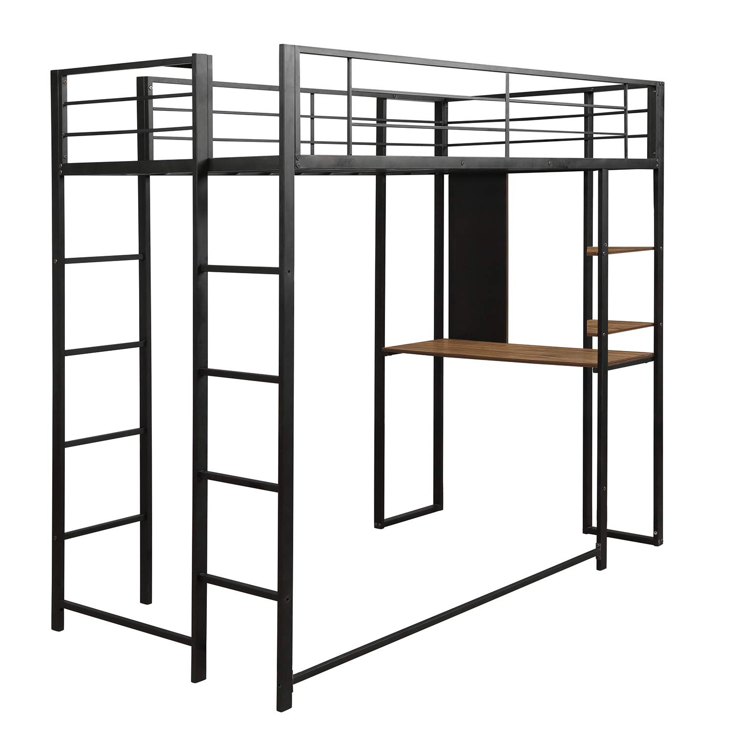 Twin Size Metal Loft Bed with Ladder & Built-in Desk - Sturdy Guardrail, Space-Saving Design, No Box Spring Required (Black) - Perfect for Small Bedrooms, Dorms & Kids Rooms