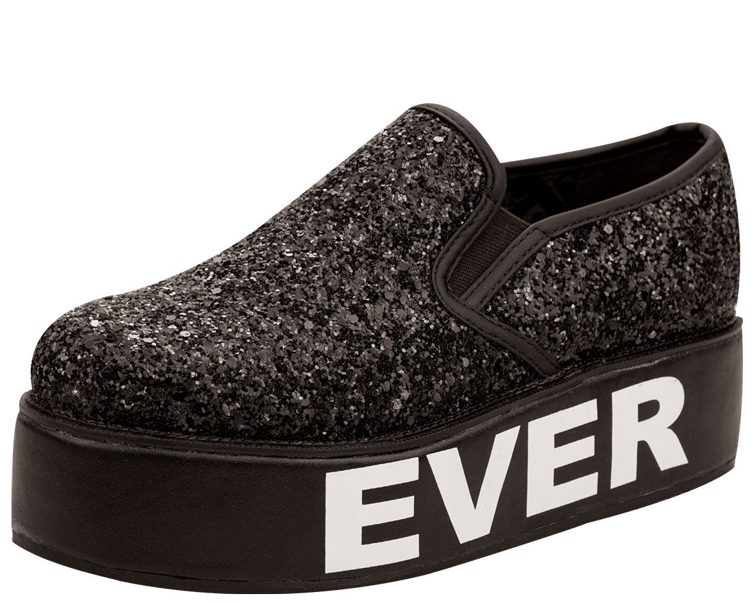 T.U.K Black Glitter WHATEVER Slip On Creepers - Punk Rock Platform Shoes for Women & Men | Perfect for Concerts, Gothic Fashion & Alternative Style Outfits