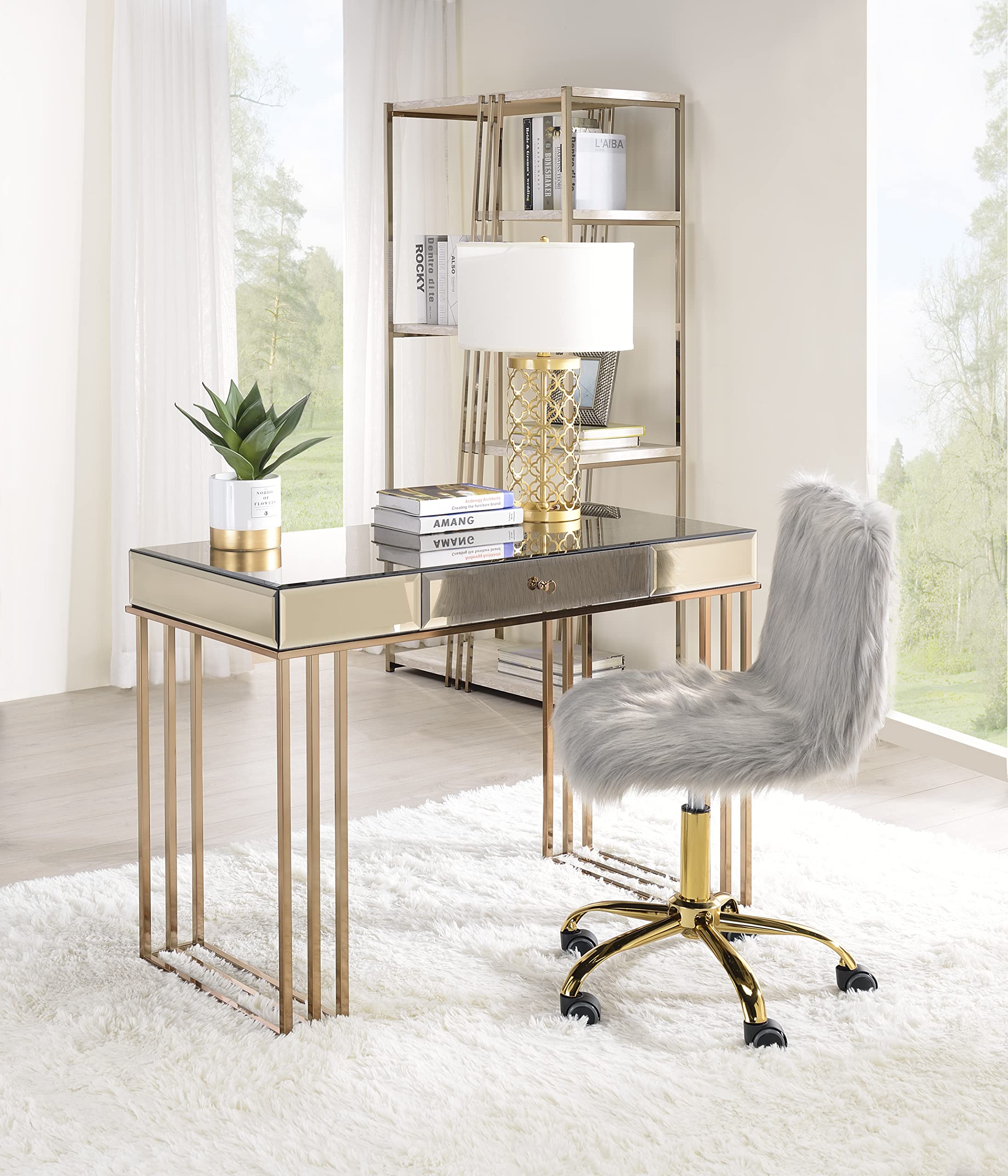 Fluffy Faux Fur Desk Chair - Swivel Vanity Chair with Adjustable Height, Armless Task Chair for Home Office, Living Room, Studio & Makeup Area | Perfect for Work, Gaming & Relaxation