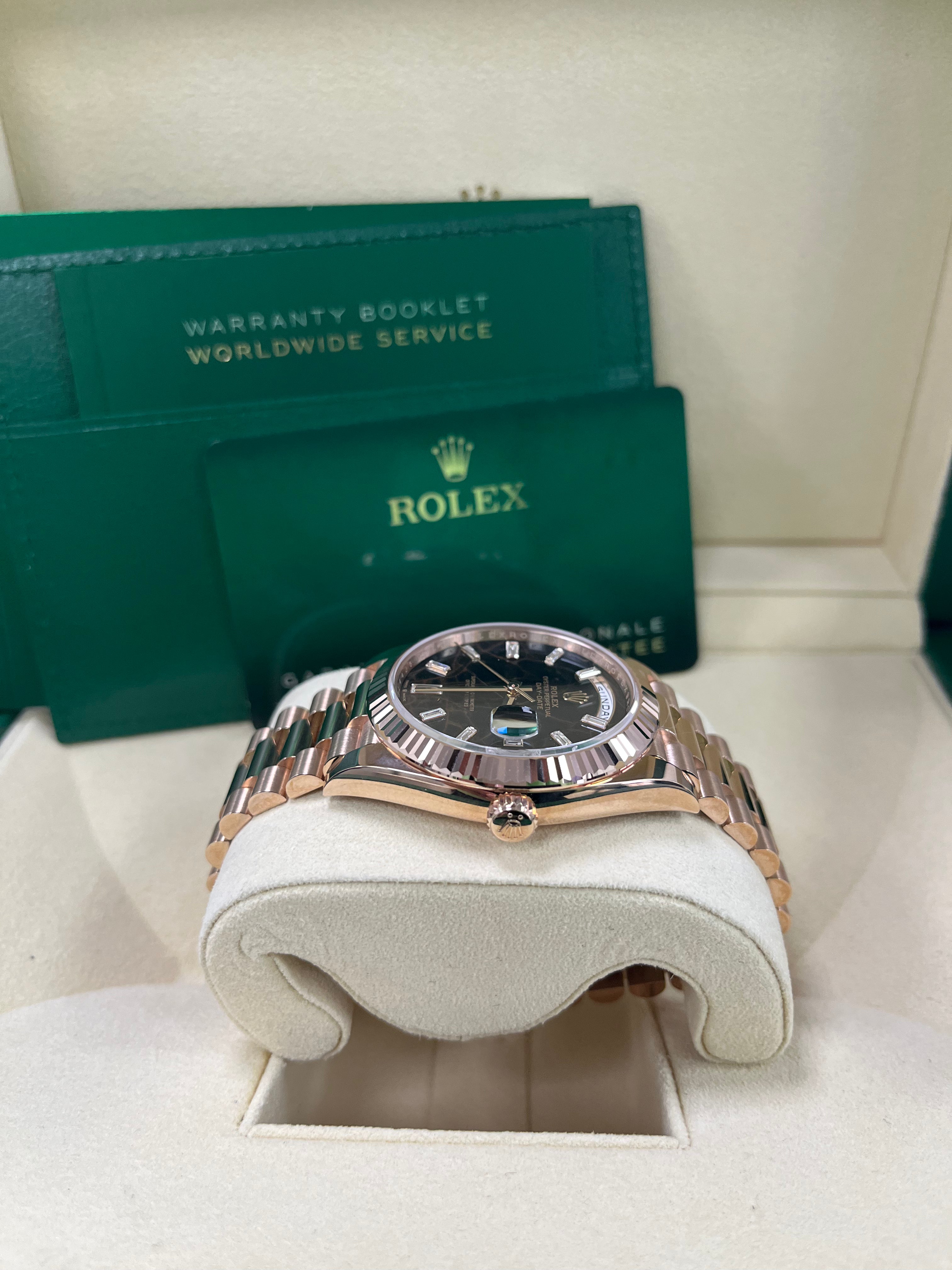 Rolex Day Date 40 Watch - 18K Rose Gold Fluted Bezel, Eisenkiesel Diamond Dial, President Bracelet 228235 - Luxury Dress Watch for Men, Perfect for Business & Formal Occasions