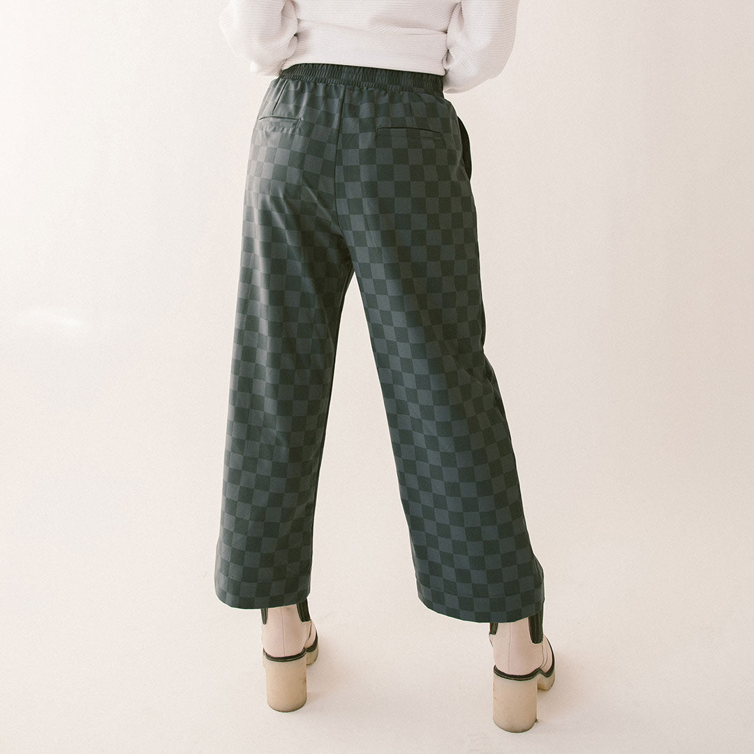 Audrey Wide Leg Pants for Women - Stylish Slate Checkered High Waist Trousers | Office Wear, Casual Outfits & Business Travel Essentials