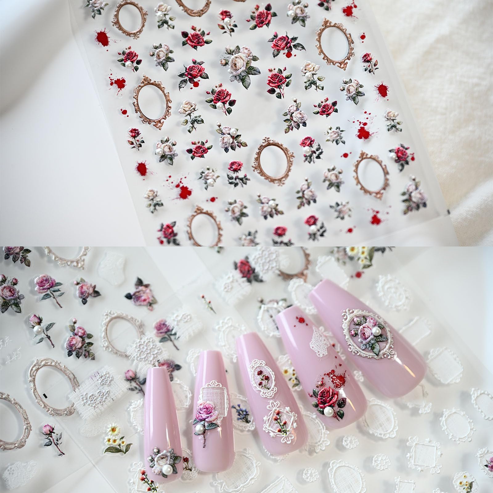 Vintage Rose Flower Nail Art Stickers with Pearl Rhinestones - Self-Adhesive Nail Decals for Women, 3 Sheets - Perfect for Bridal, Party & Special Occasion Nail Designs