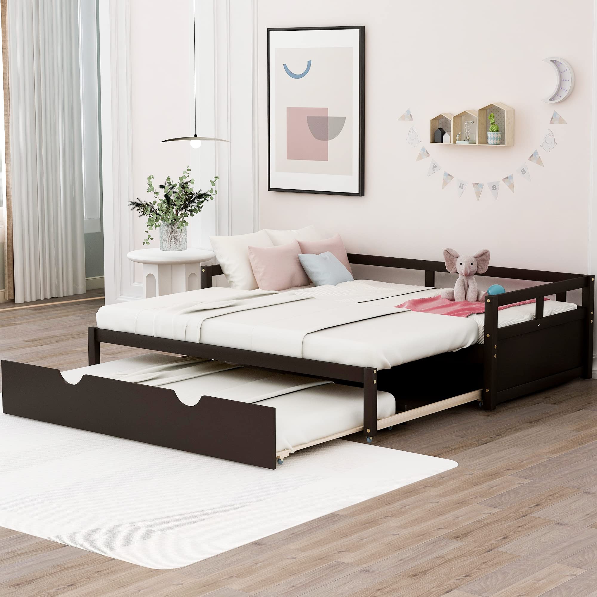 Convertible Daybed with Trundle - Twin to King Size Sofa Bed | Solid Wood Extendable Sleeper for Bedroom & Living Room | Espresso Finish | Perfect for Guest Rooms, Small Spaces & Multi-Functional Furniture Needs