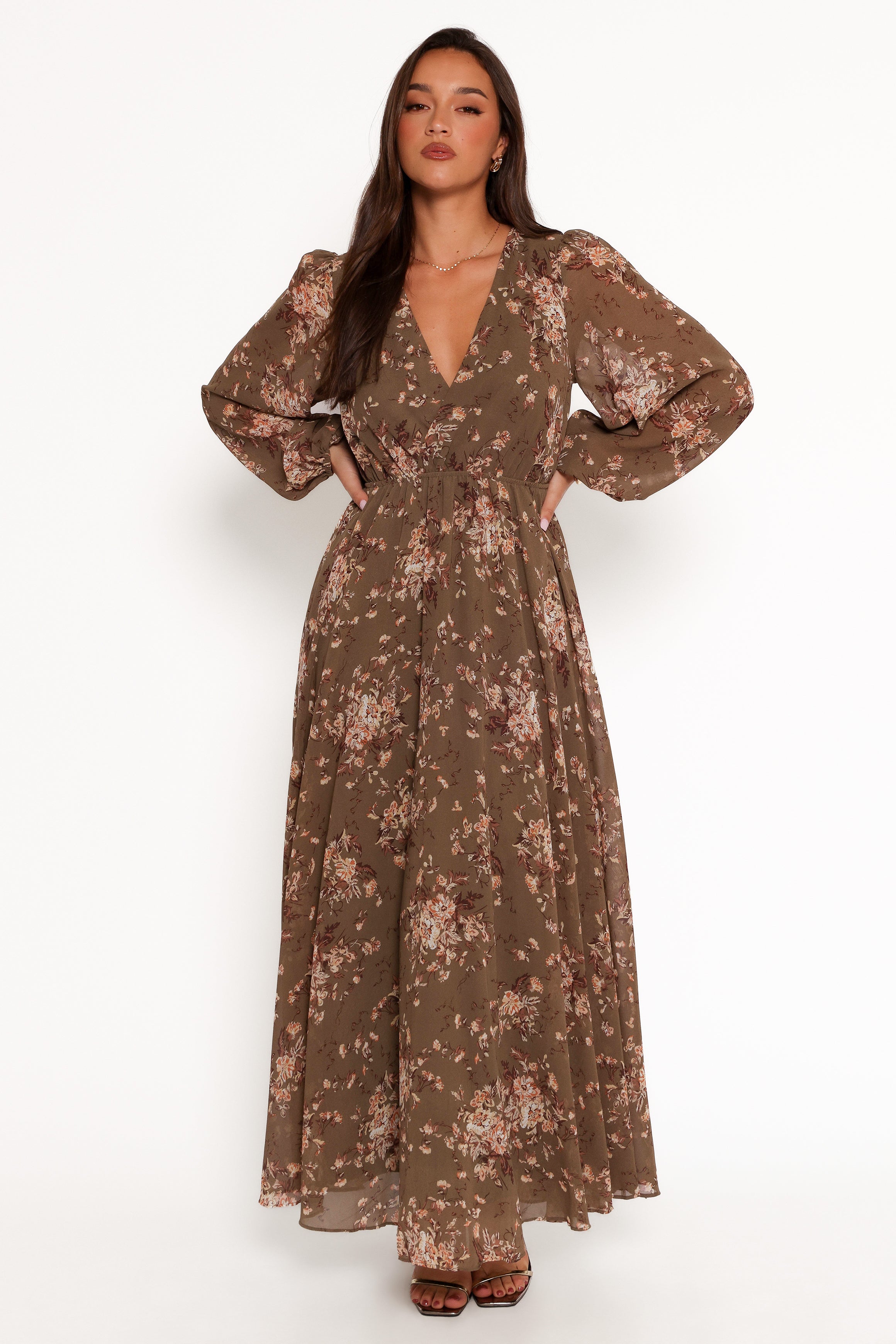 Anisa Maxi Dress - Olive Floral Print Long Summer Dress for Women | Boho Chic Flowy Beach Dress for Vacation, Party & Casual Wear