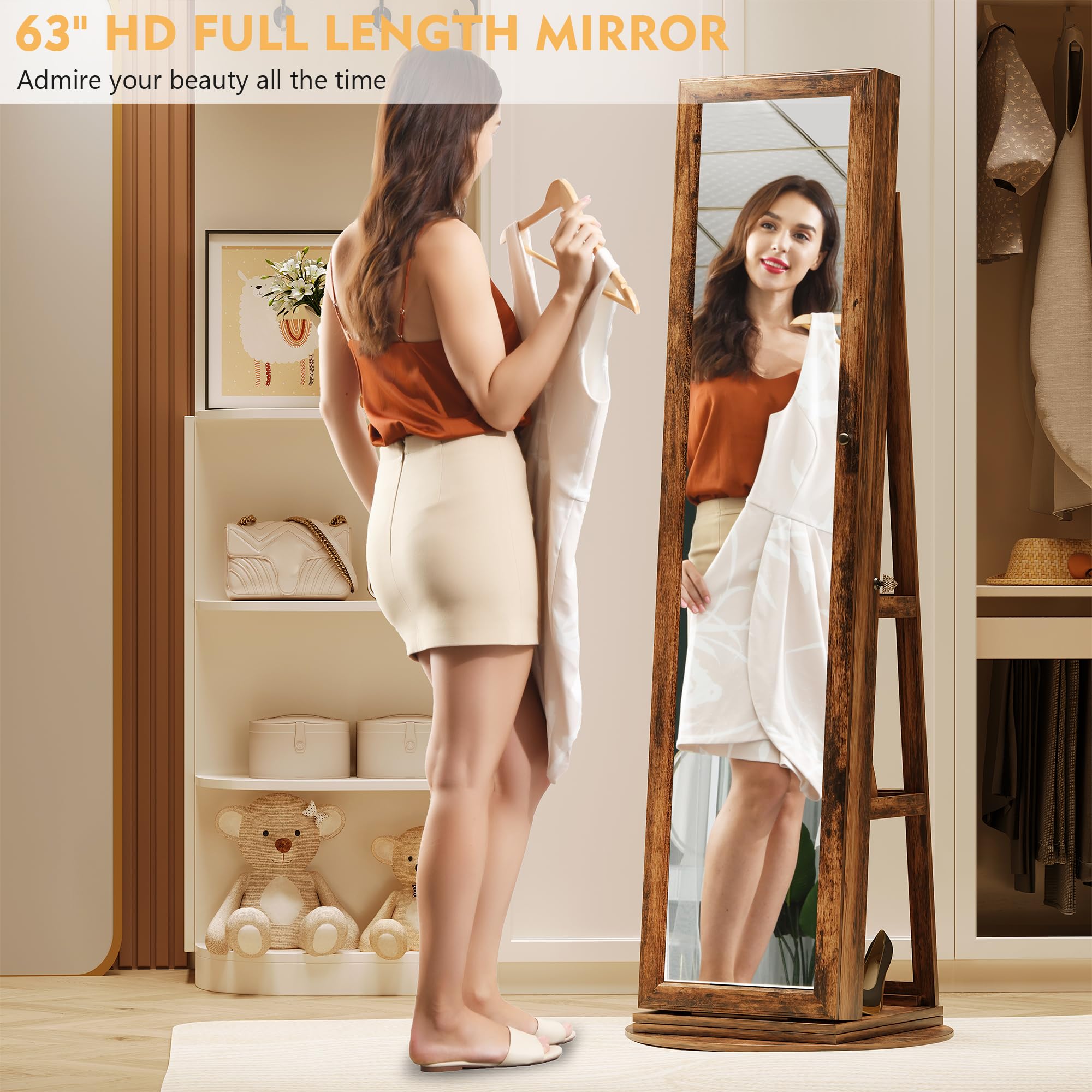 Lvifur 360° Swivel Jewelry Cabinet with 3 Color Dimmable LED Lights, Full Length Mirror & Jewelry Storage Organizer, Standing Jewelry Armoire with Rear Shelves - Perfect for Bedroom, Closet & Dressing Room (Brown)