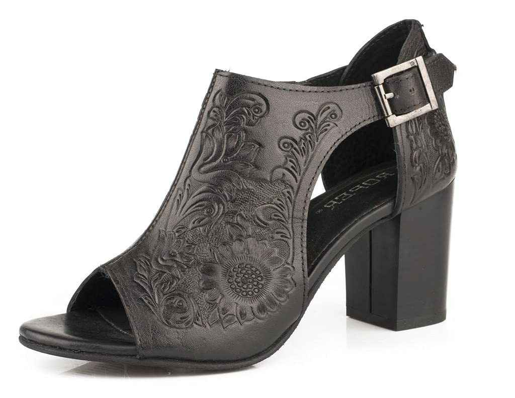 Roper Women's Floral Tooled Heel Boots - Black Leather Western Boots Size 7.5 B - Perfect for Country Dancing, Rodeo Events & Casual Outfits