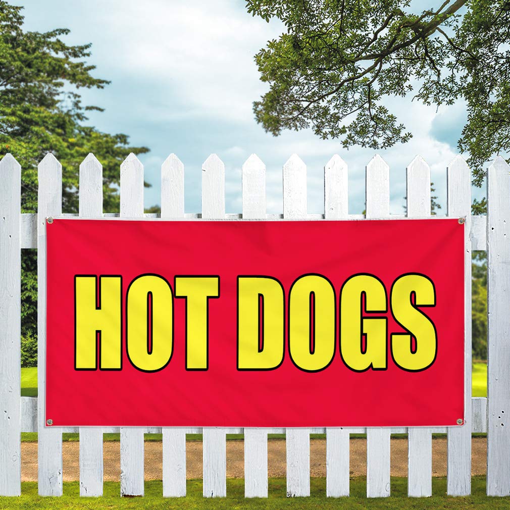 Hot Dogs Food Fair Vinyl Banner - Weatherproof Outdoor Restaurant & Business Promotion Sign (24x48 Inches, Red, 4 Grommets) - Perfect for Food Trucks, Festivals, and Yard Sales